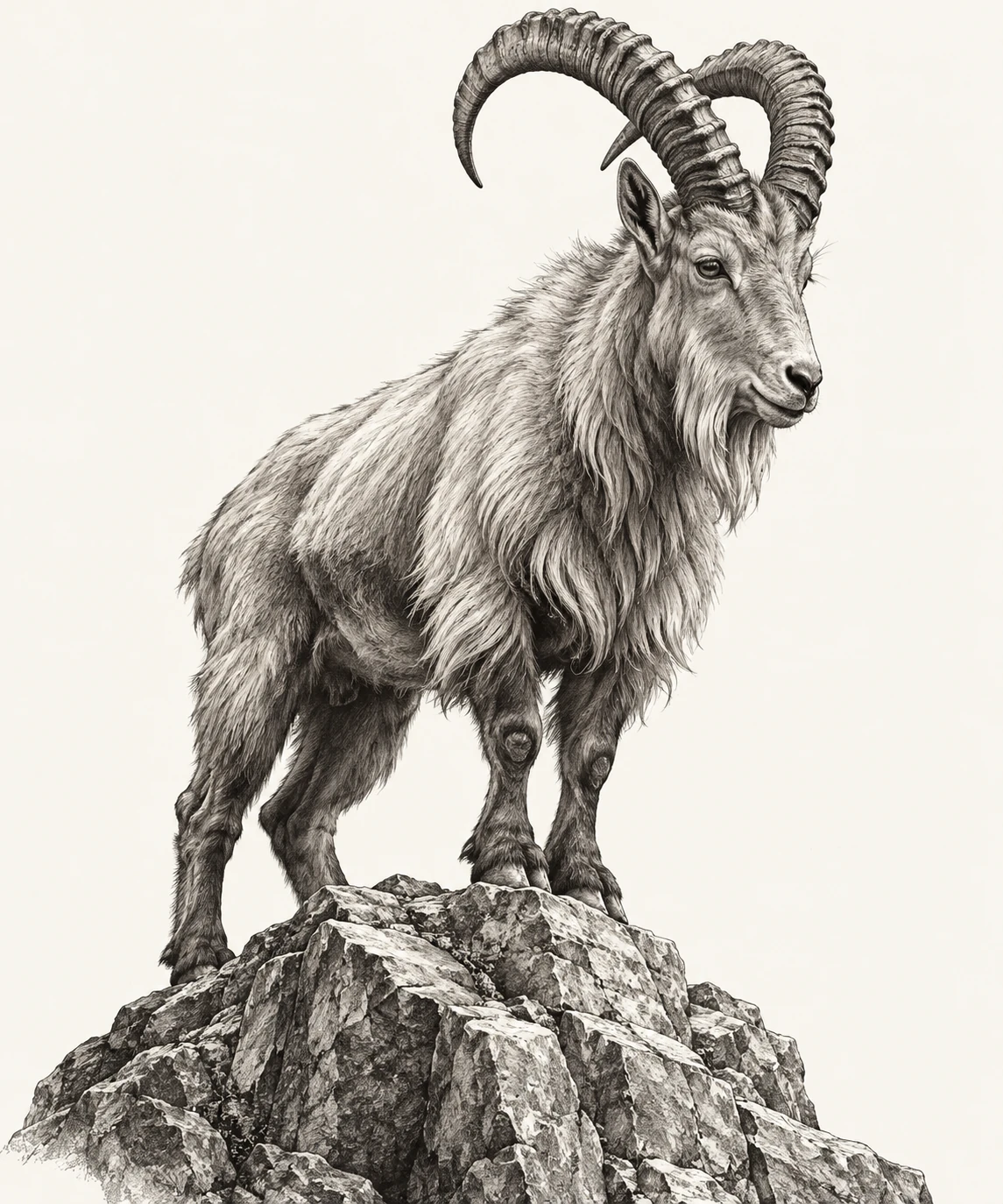 Desenho de tatuagem de Cabra-montês em gravura realista, modelo NR-0448, em preto e cinza.