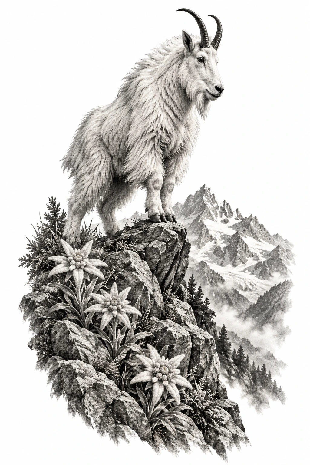 Desenho de tatuagem de Cabra-montês entre edelweiss alpinas, modelo NR-0449, em preto e cinza.