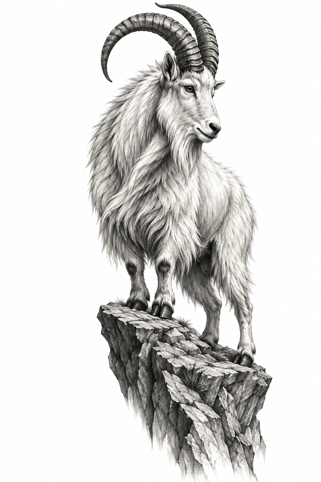 Desenho de tatuagem de Cabra-montês na borda rochosa, modelo NR-0450, em preto e cinza.