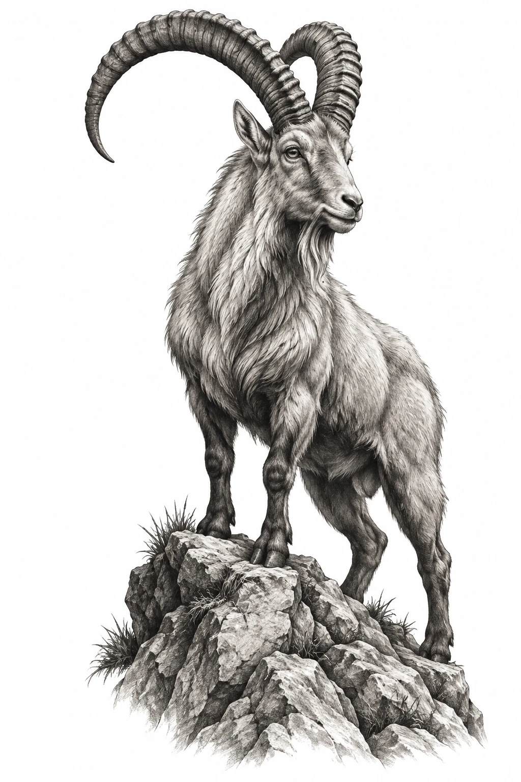 Desenho de tatuagem de Cabra-montês realista sobre rocha, modelo NR-0452, em preto e cinza.