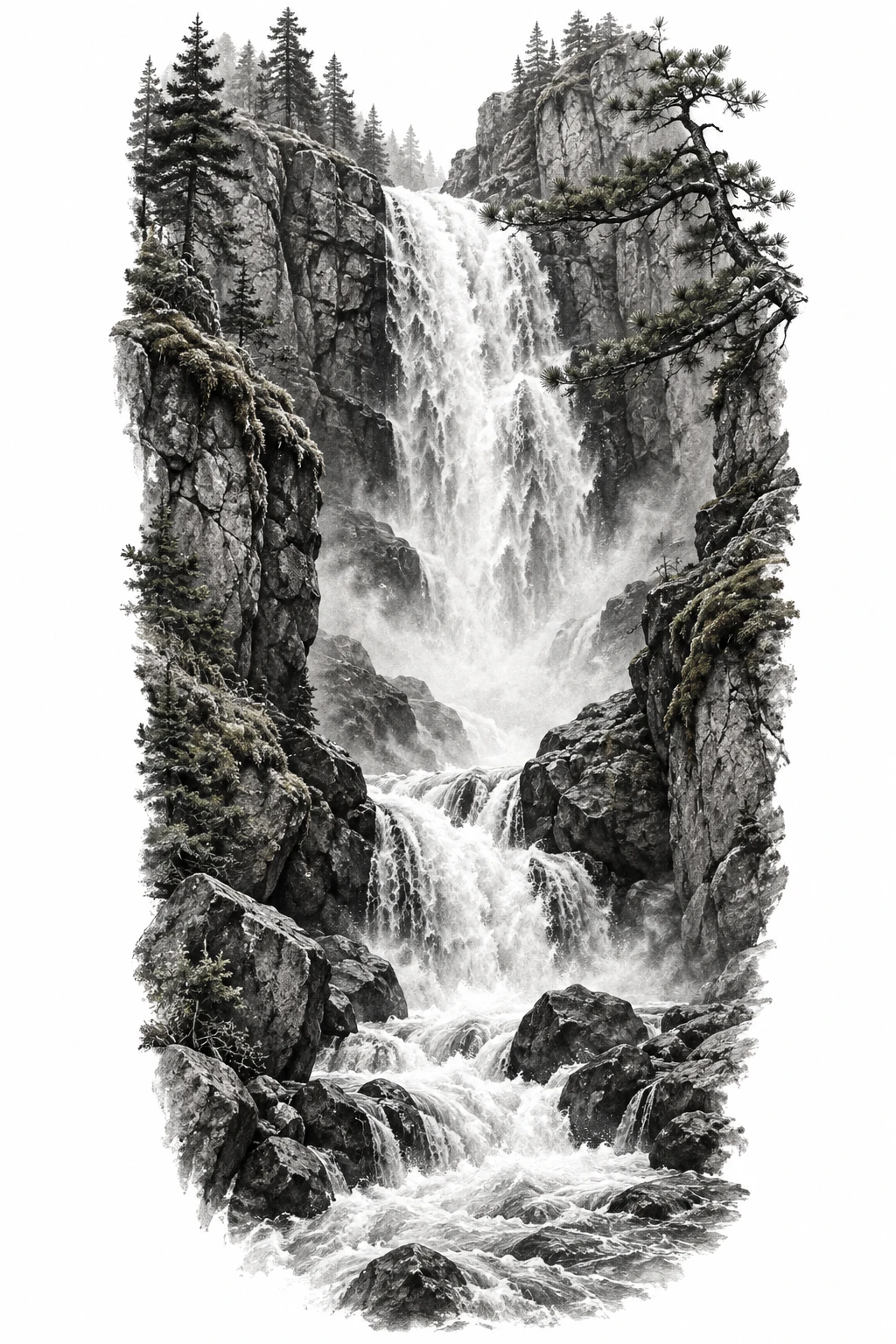 Desenho de tatuagem de Cachoeira dramática entre rochas e pinheiros, modelo NR-0453, em preto e cinza.