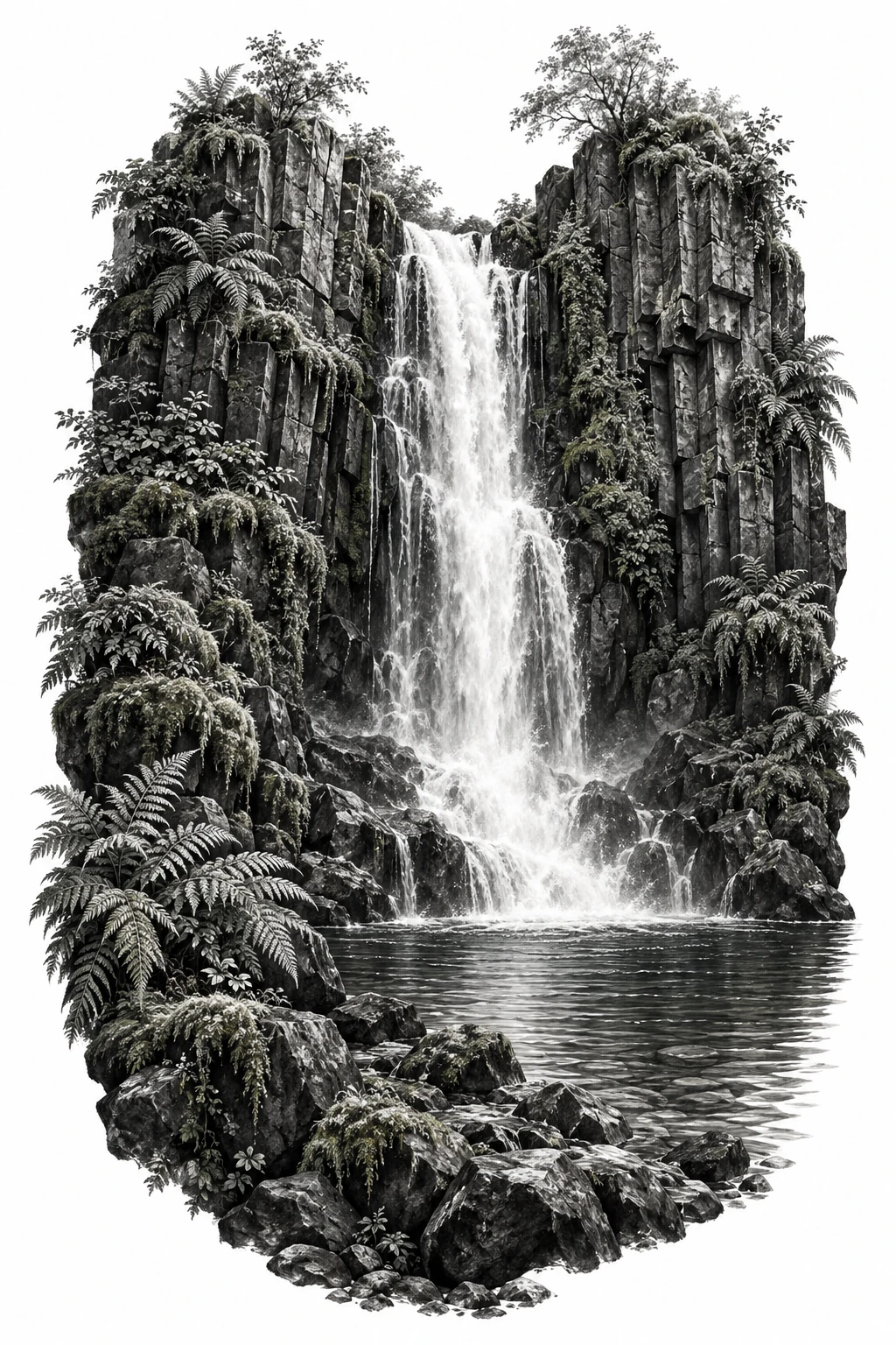 Desenho de tatuagem de Cachoeira entre penhascos de basalto, modelo NR-0454, em preto e cinza.