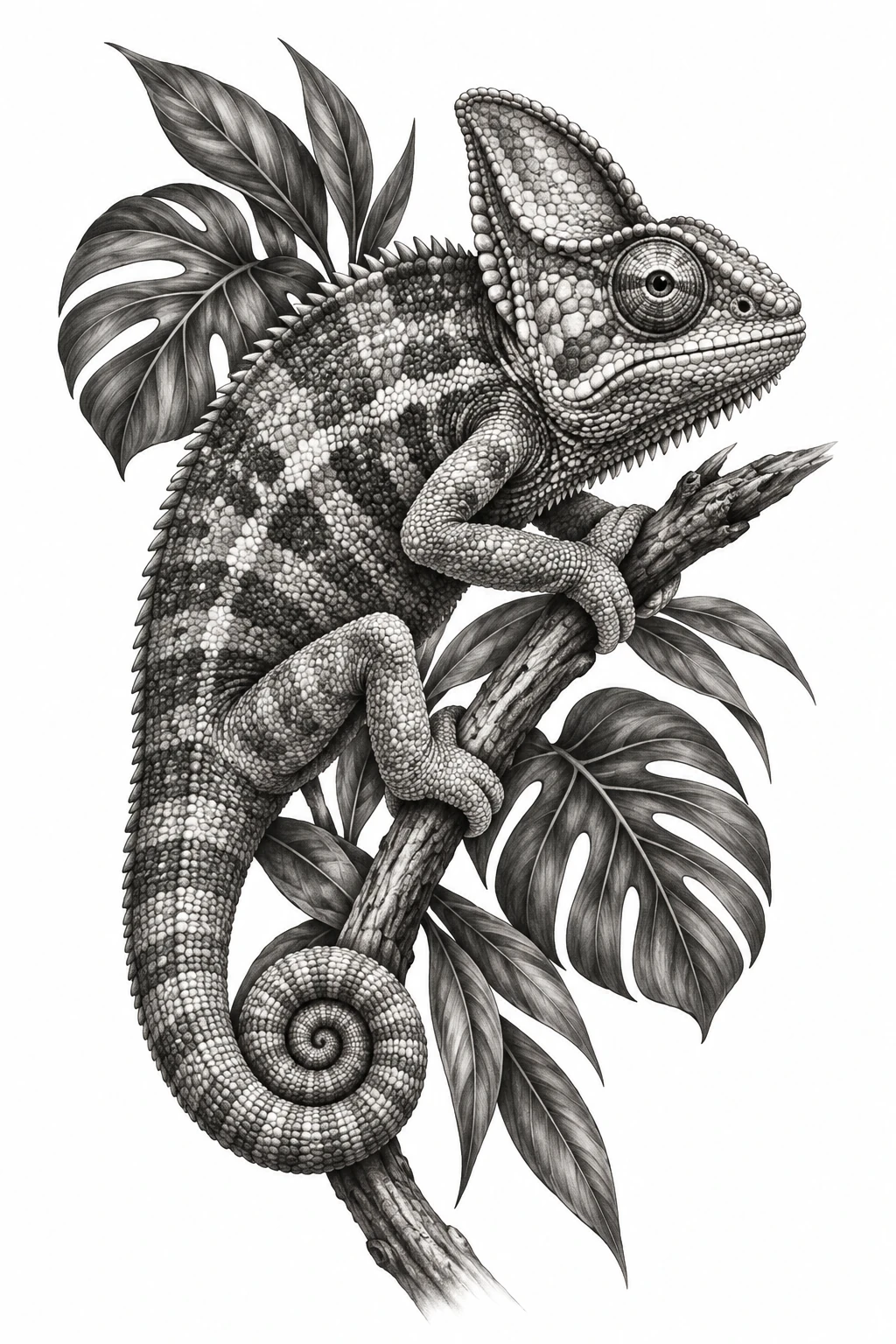 Desenho de tatuagem de Camaleão realista de cauda enrolada, modelo NR-0456, em preto e cinza.