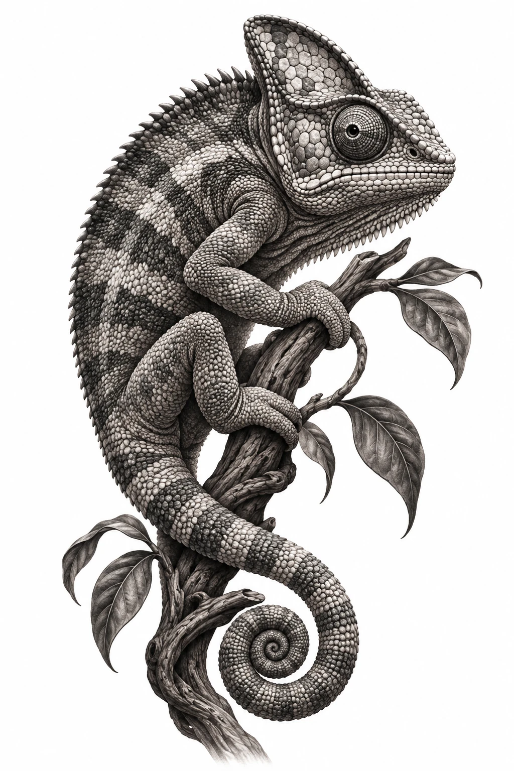 Desenho de tatuagem de Camaleão realista em galho retorcido(1), modelo NR-0457, em preto e cinza.