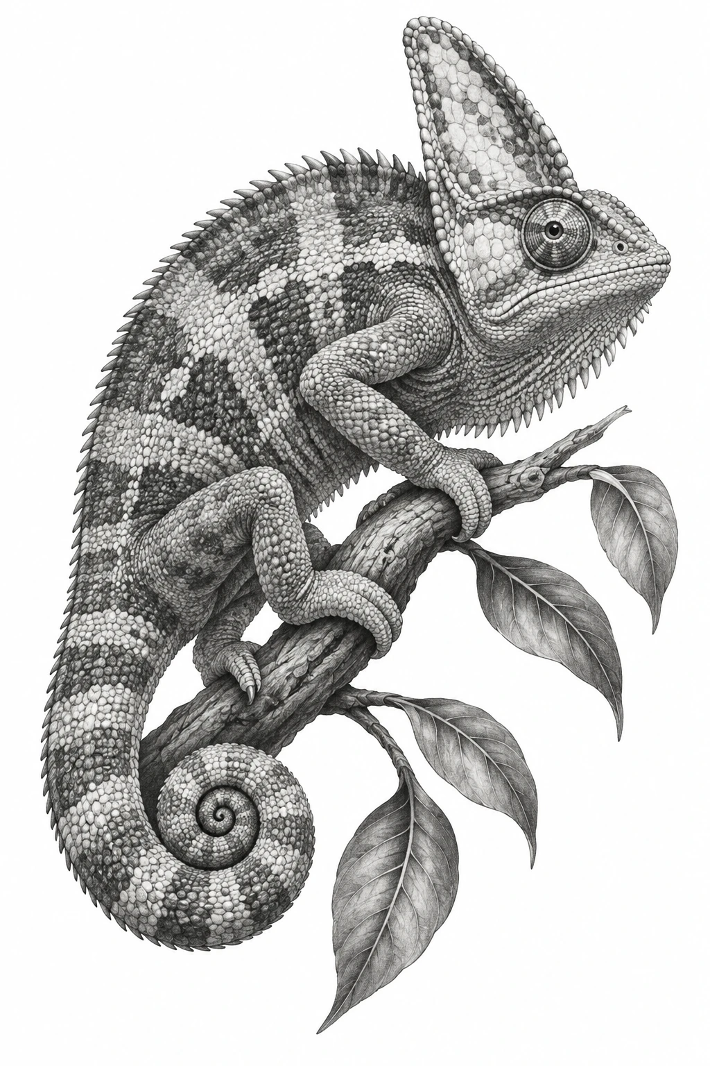 Desenho de tatuagem de Camaleão velado no galho curvo, modelo NR-0458, em preto e cinza.