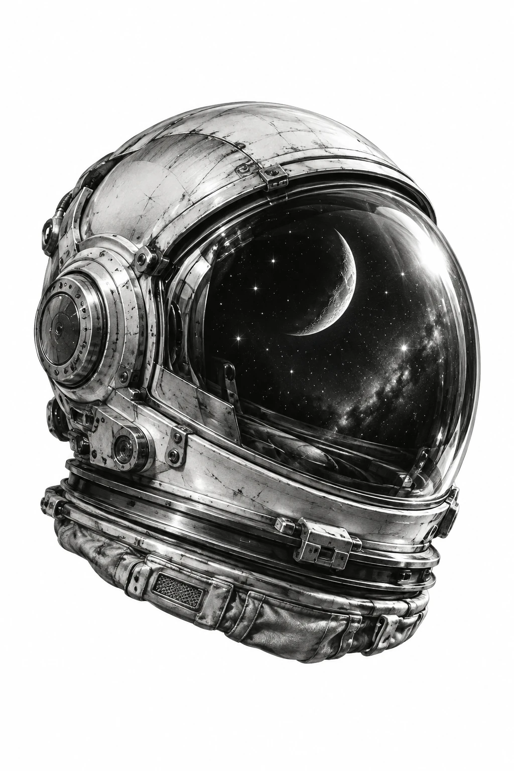 Desenho de tatuagem de Capacete astronauta com lua crescente e estrelas, modelo NR-0460, em preto e cinza.