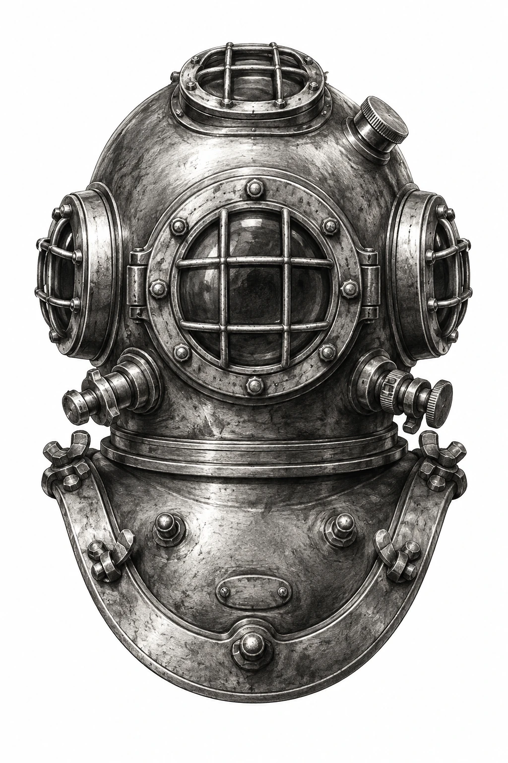 Desenho de tatuagem de Capacete de mergulho antigo, preto e cinza, modelo NR-0461, em preto e cinza.