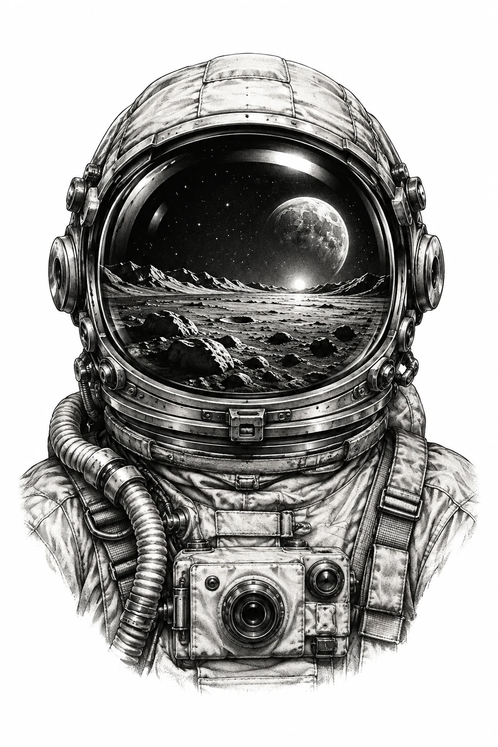 Desenho de tatuagem de Capacete espacial com horizonte lunar, modelo NR-0462, em preto e cinza.