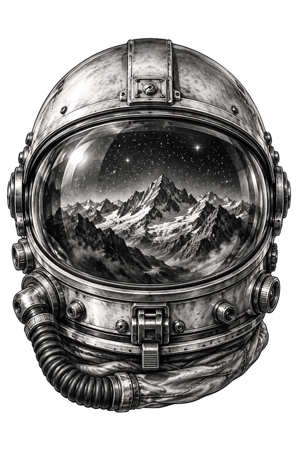 Desenho de tatuagem de Capacete espacial com montanhas refletidas, modelo NR-0463, em preto e cinza.