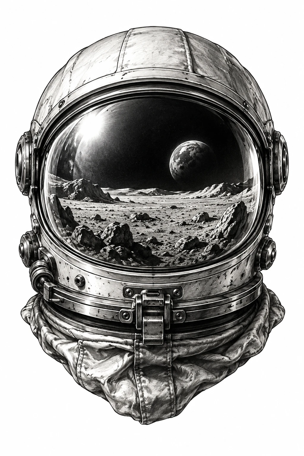 Desenho de tatuagem de Capacete espacial refletindo o horizonte lunar, modelo NR-0464, em preto e cinza.