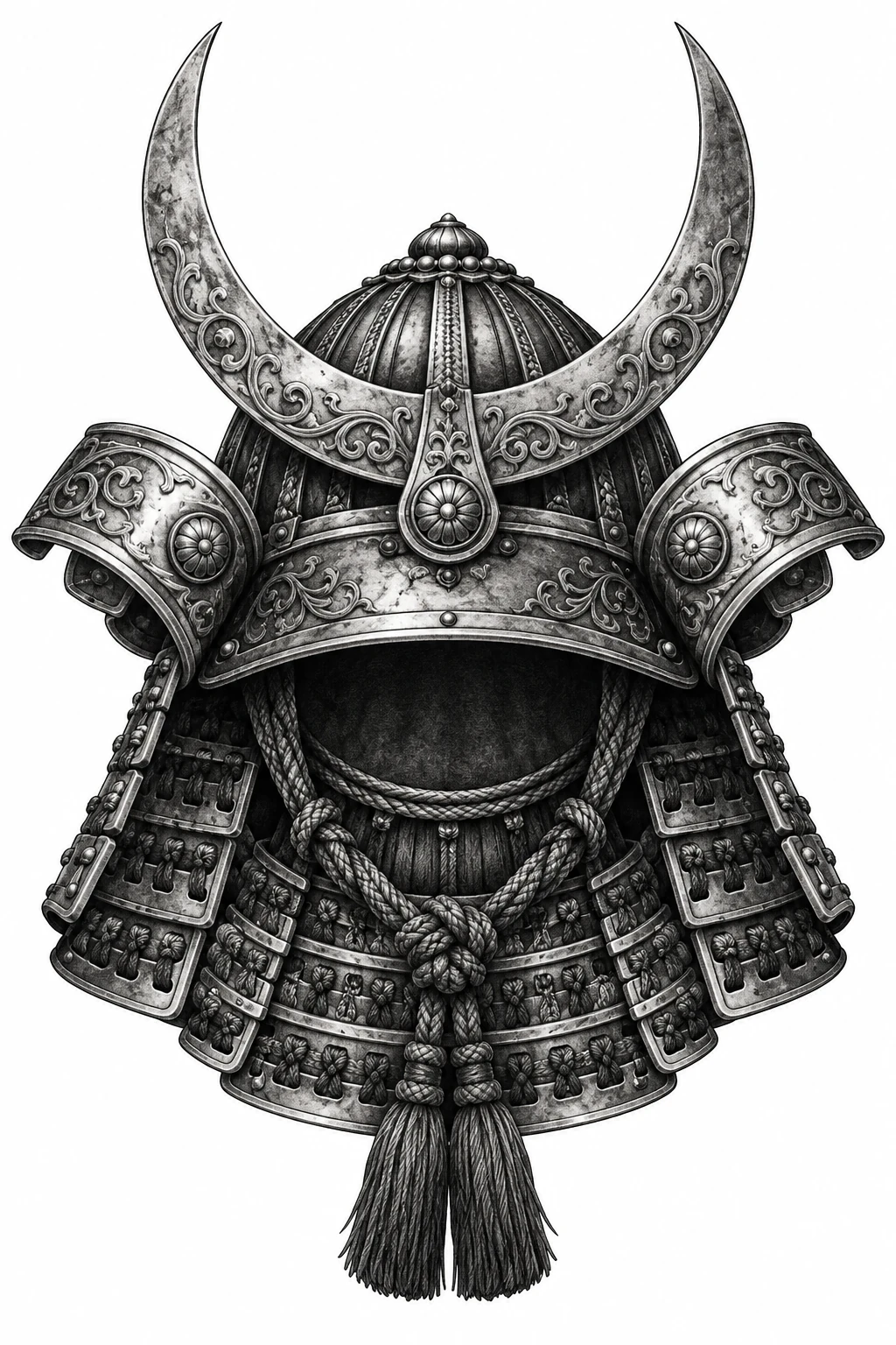 Desenho de tatuagem de Capacete samurai ornamental com crista crescente, modelo NR-0465, em preto e cinza.