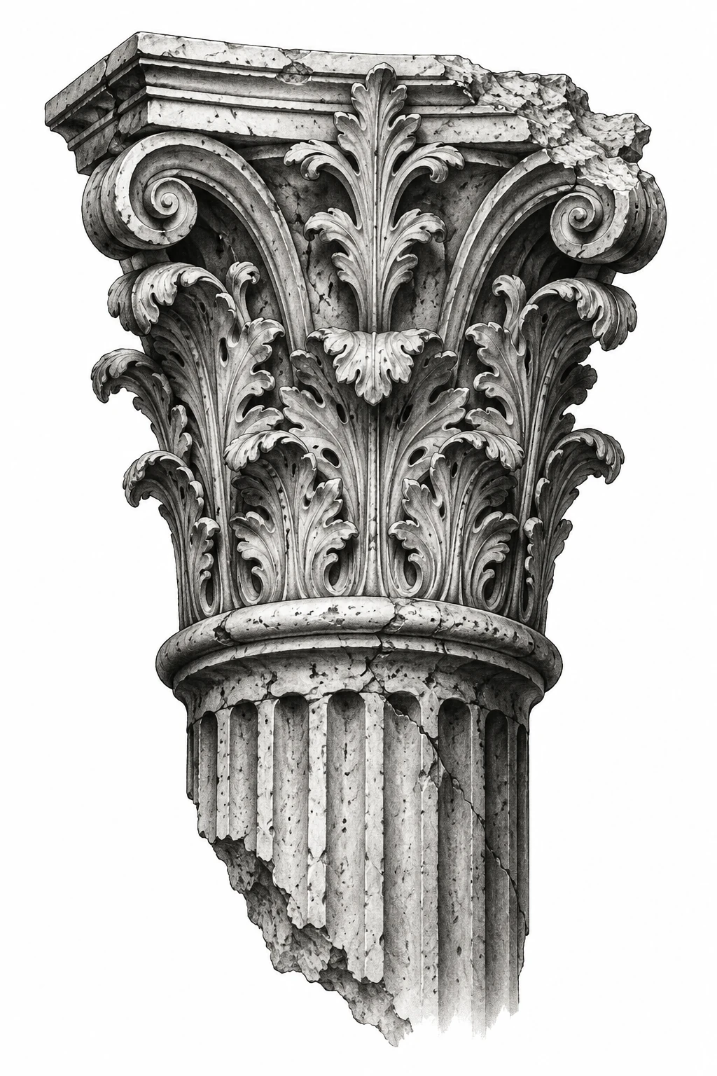 Desenho de tatuagem de Capitel coríntio desgastado com folhas de acanto, modelo NR-0466, em preto e cinza.