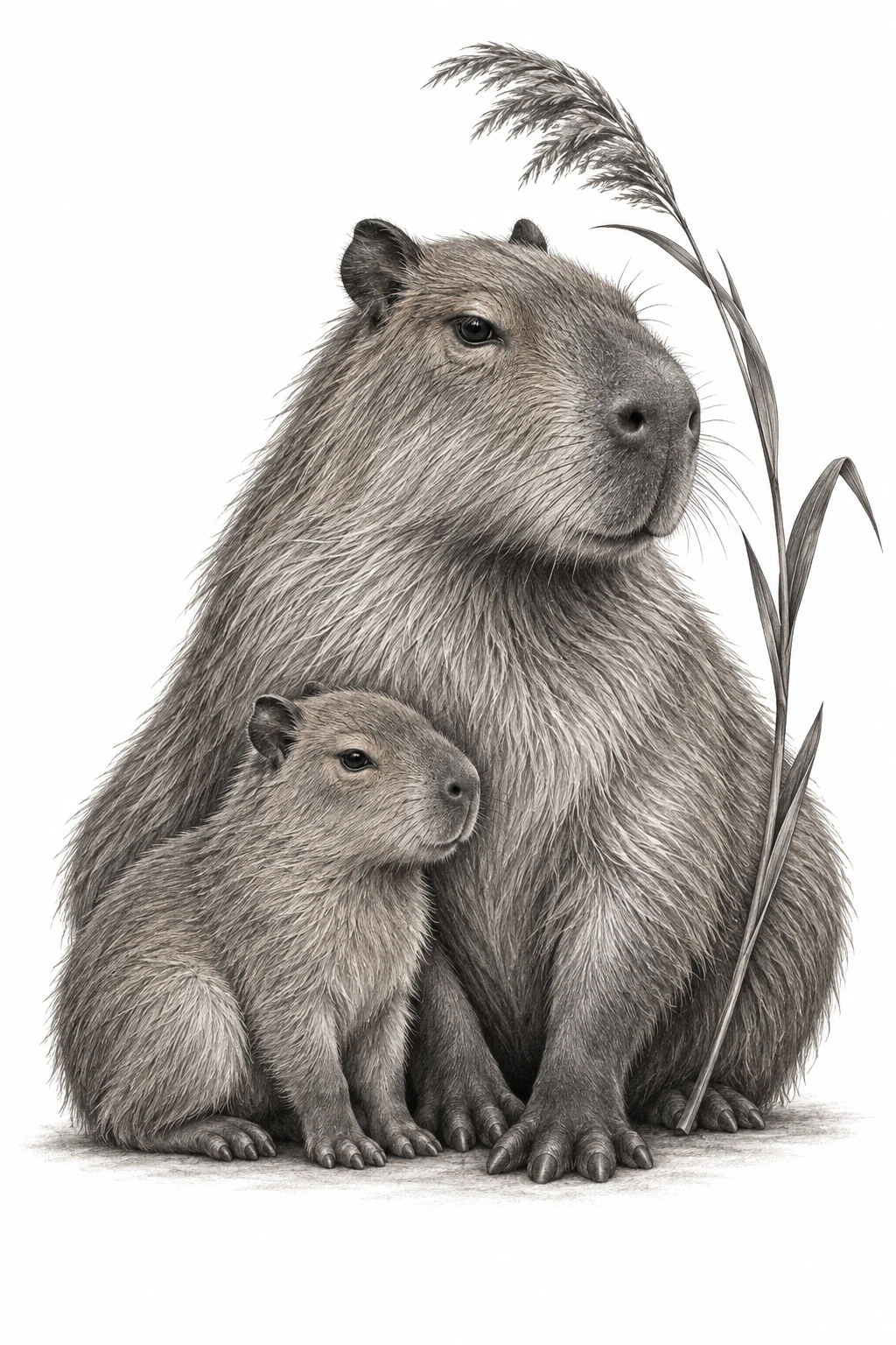 Desenho de tatuagem de Capivara e filhote junto ao junco, modelo NR-0468, em preto e cinza.