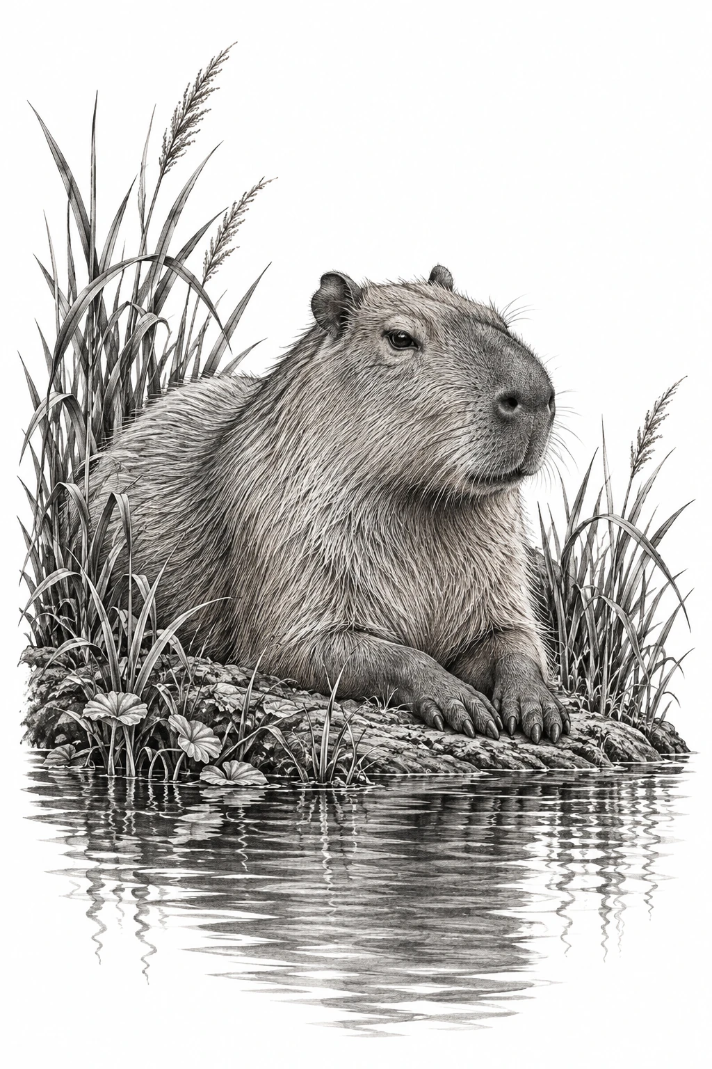 Desenho de tatuagem de Capivara repousando entre juncos, modelo NR-0469, em preto e cinza.