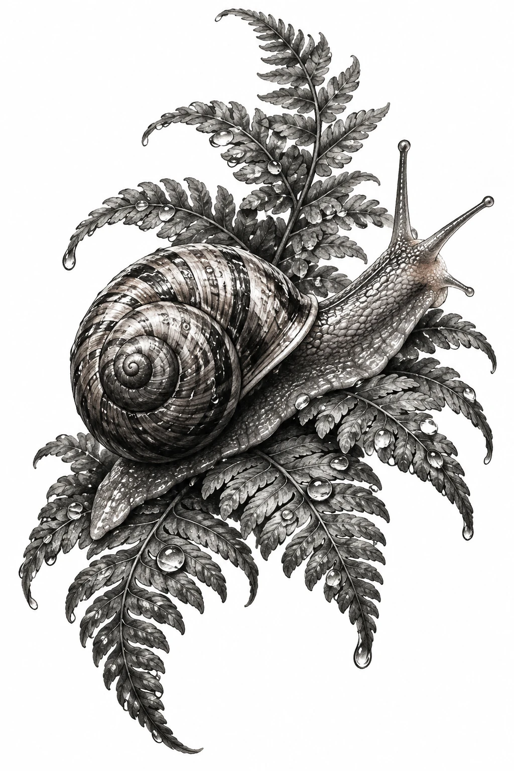 Desenho de tatuagem de Caracol entre samambaias e chuva, modelo NR-0470, em preto e cinza.