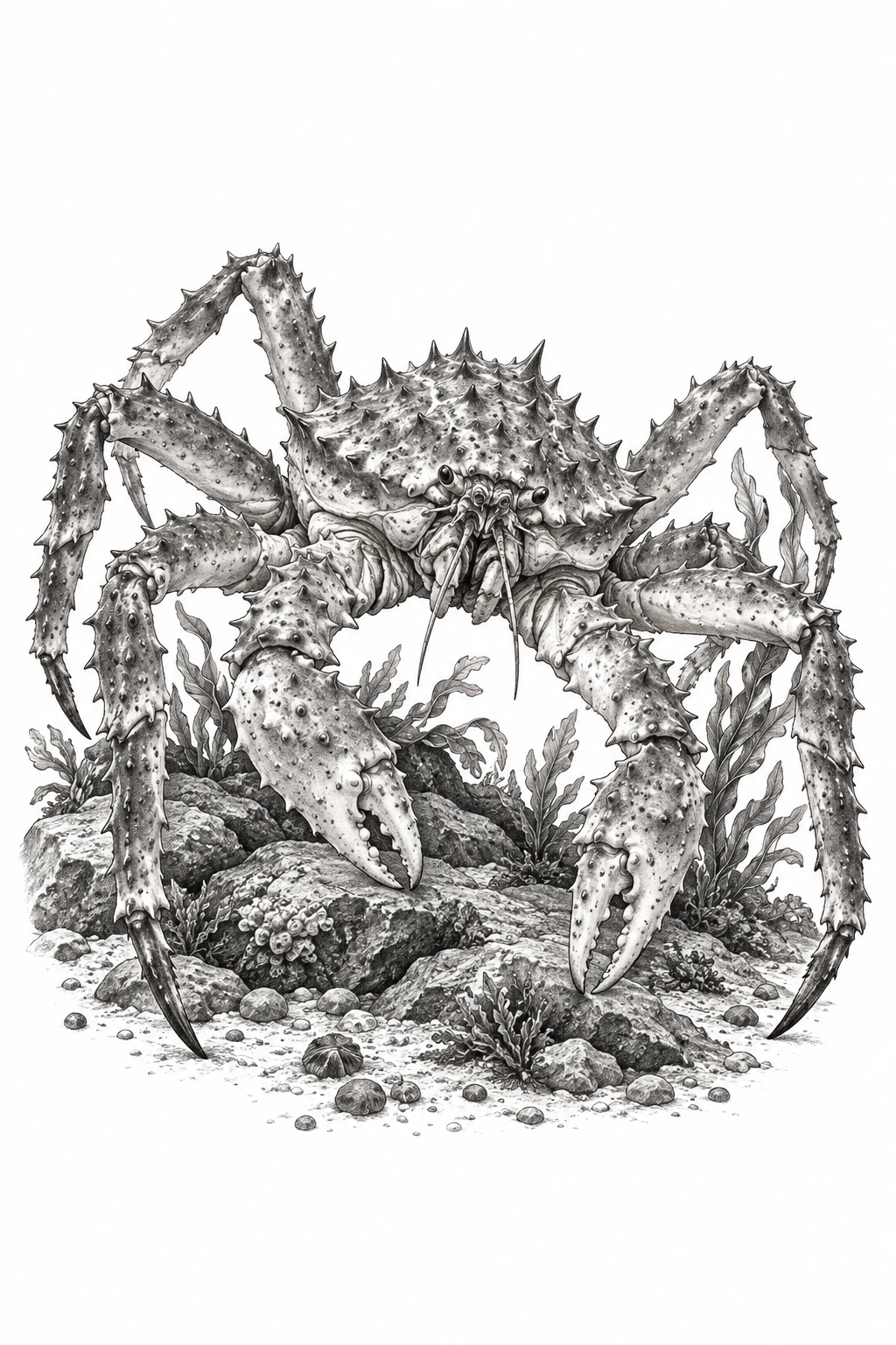 Desenho de tatuagem de Caranguejo-rei sobre leito rochoso, modelo NR-0472, em preto e cinza.