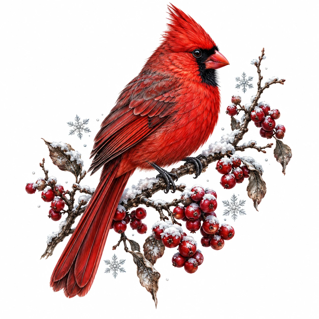 Desenho de tatuagem de Cardeal vermelho entre bagas e neve, modelo NR-0473, em preto e cinza.