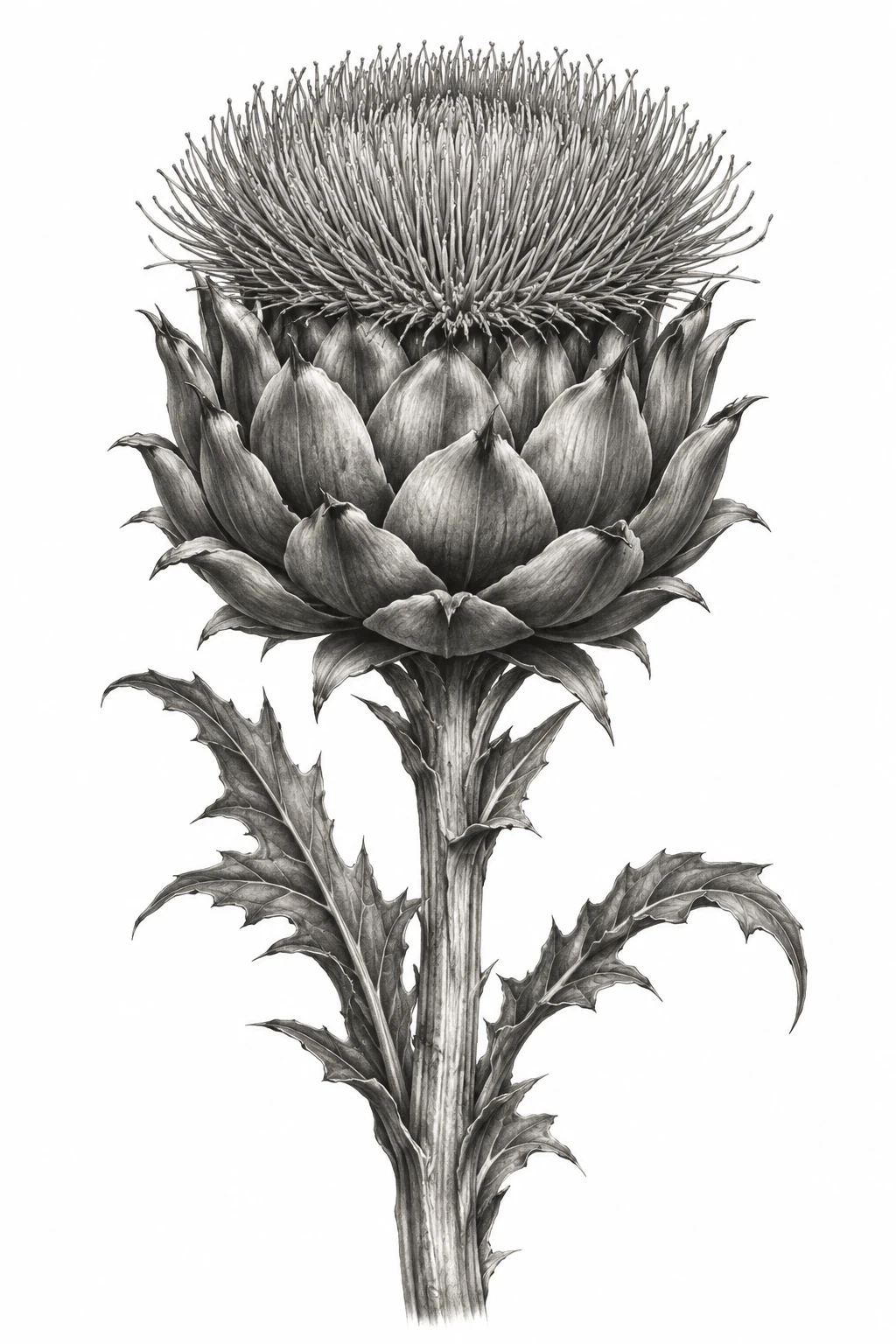 Desenho de tatuagem de Cardo-alcachofra em flor, modelo NR-0474, em preto e cinza.
