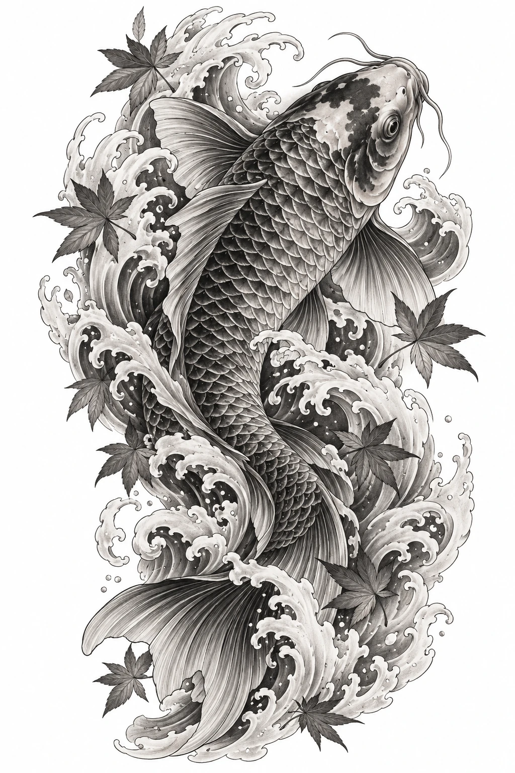 Desenho de tatuagem de Carpa japonesa entre águas e folhas, modelo NR-0475, em preto e cinza.