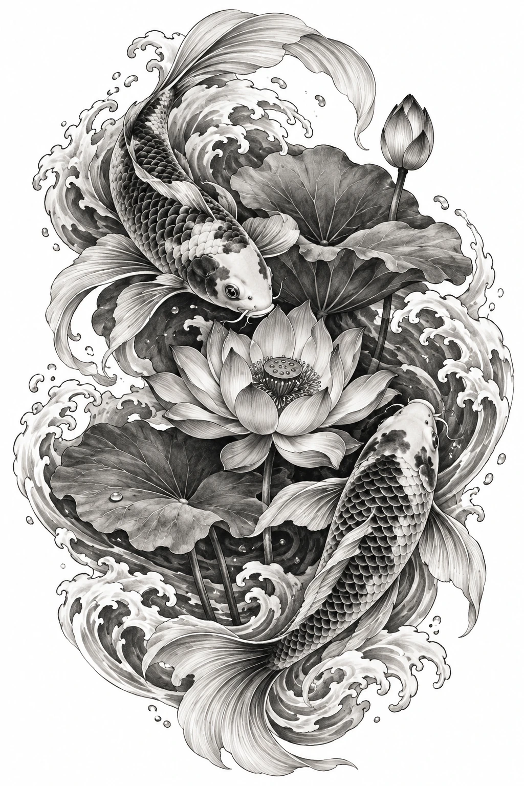 Desenho de tatuagem de Carpas koi circulando o lótus, modelo NR-0476, em preto e cinza.