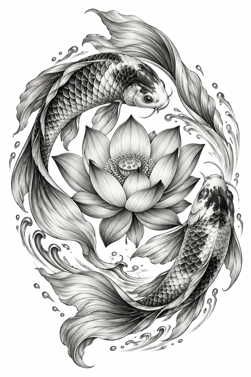 Desenho de tatuagem de Carpas koi circulando um lótus, modelo NR-0477, em preto e cinza.