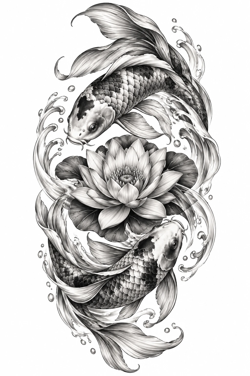 Desenho de tatuagem de Carpas koi circulando um nenúfar, modelo NR-0478, em preto e cinza.