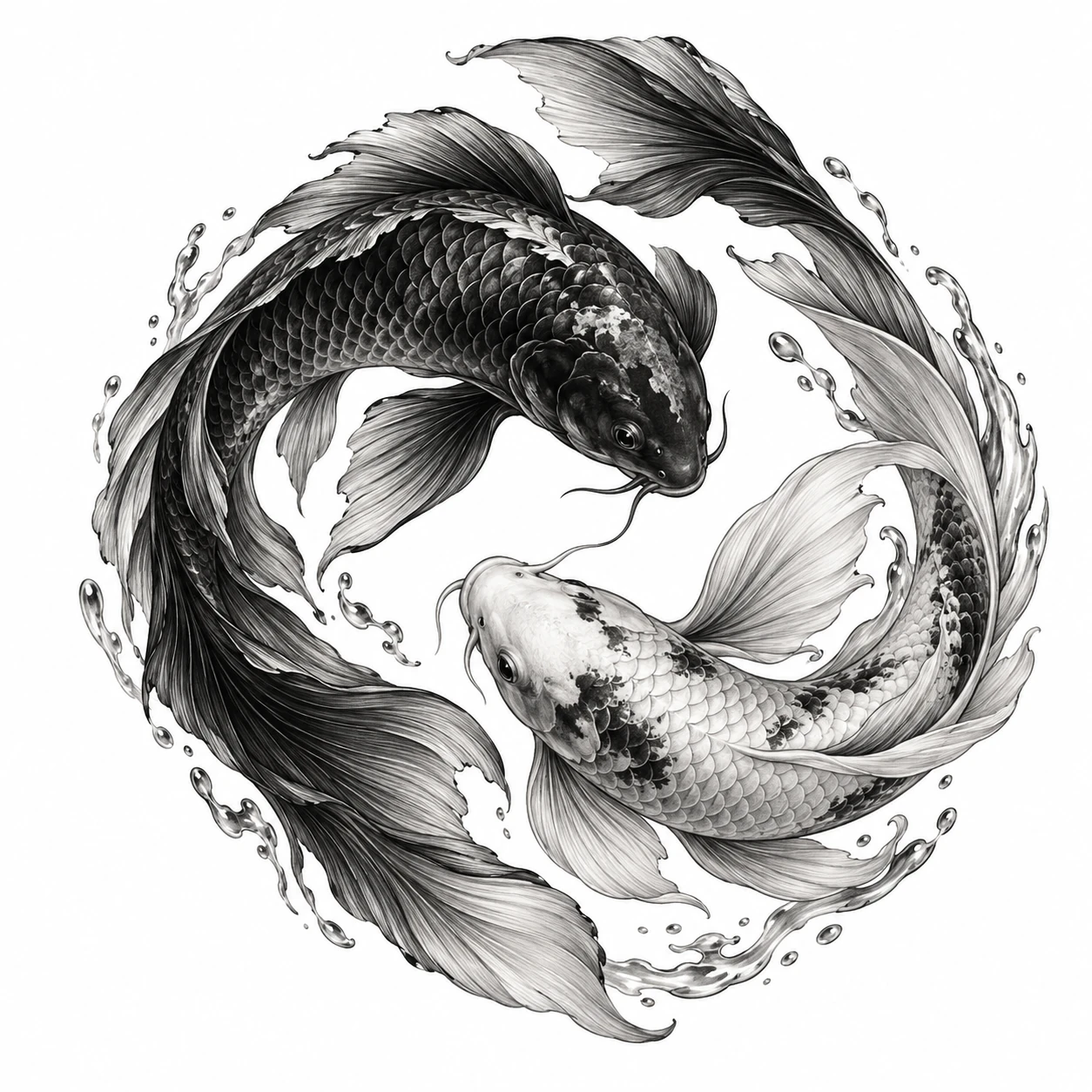 Desenho de tatuagem de Carpas koi em espiral yin-yang, modelo NR-0479, em preto e cinza.