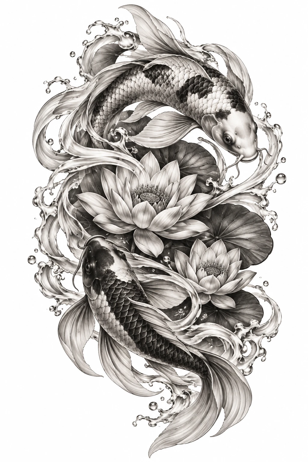 Desenho de tatuagem de Carpas koi entre lírios e ondas, modelo NR-0480, em preto e cinza.