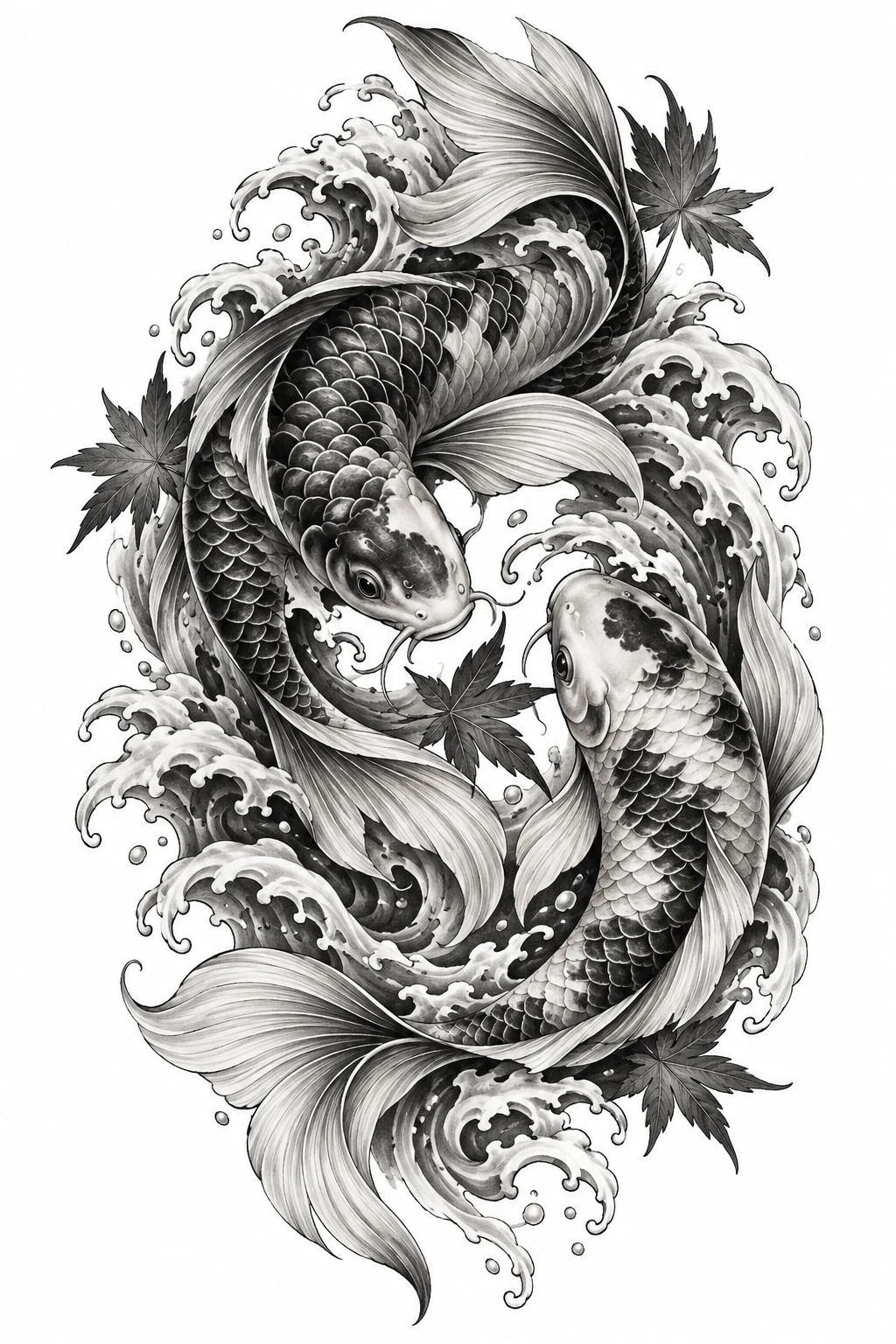 Desenho de tatuagem de Carpas koi, ondas e folhas de bordo, modelo NR-0481, em preto e cinza.