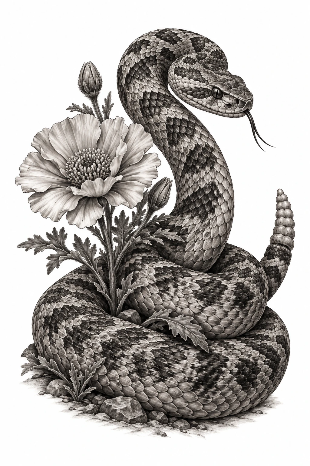 Desenho de tatuagem de Cascavel enrolada e malmequer do deserto, modelo NR-0483, em preto e cinza.