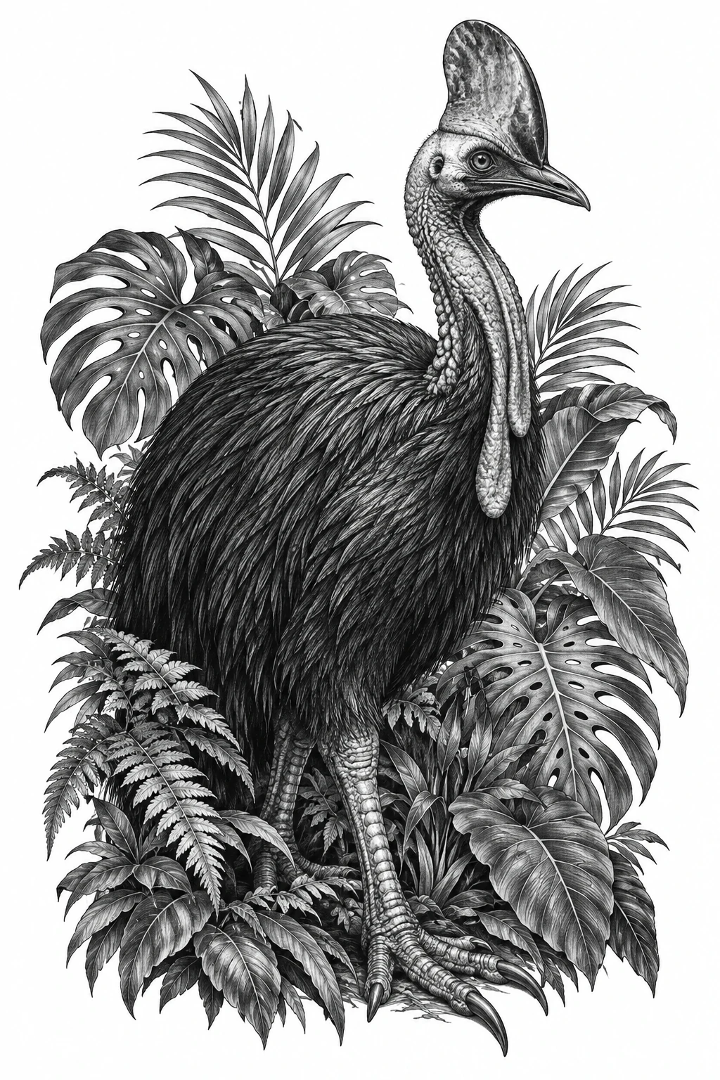 Desenho de tatuagem de Casuar entre folhas da floresta, modelo NR-0484, em preto e cinza.