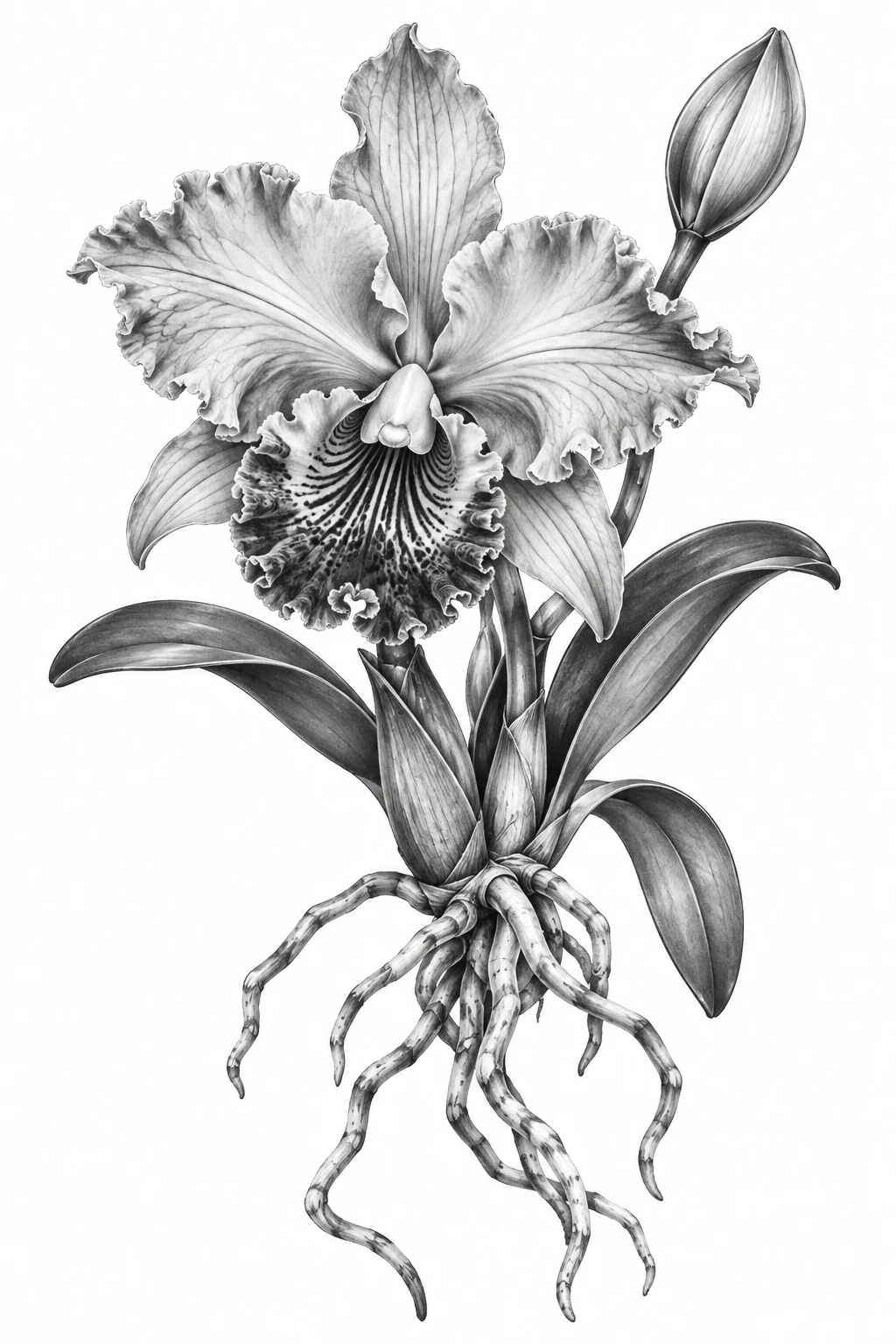 Desenho de tatuagem de Cattleya em flor, botão e raízes aéreas, modelo NR-0485, em preto e cinza.