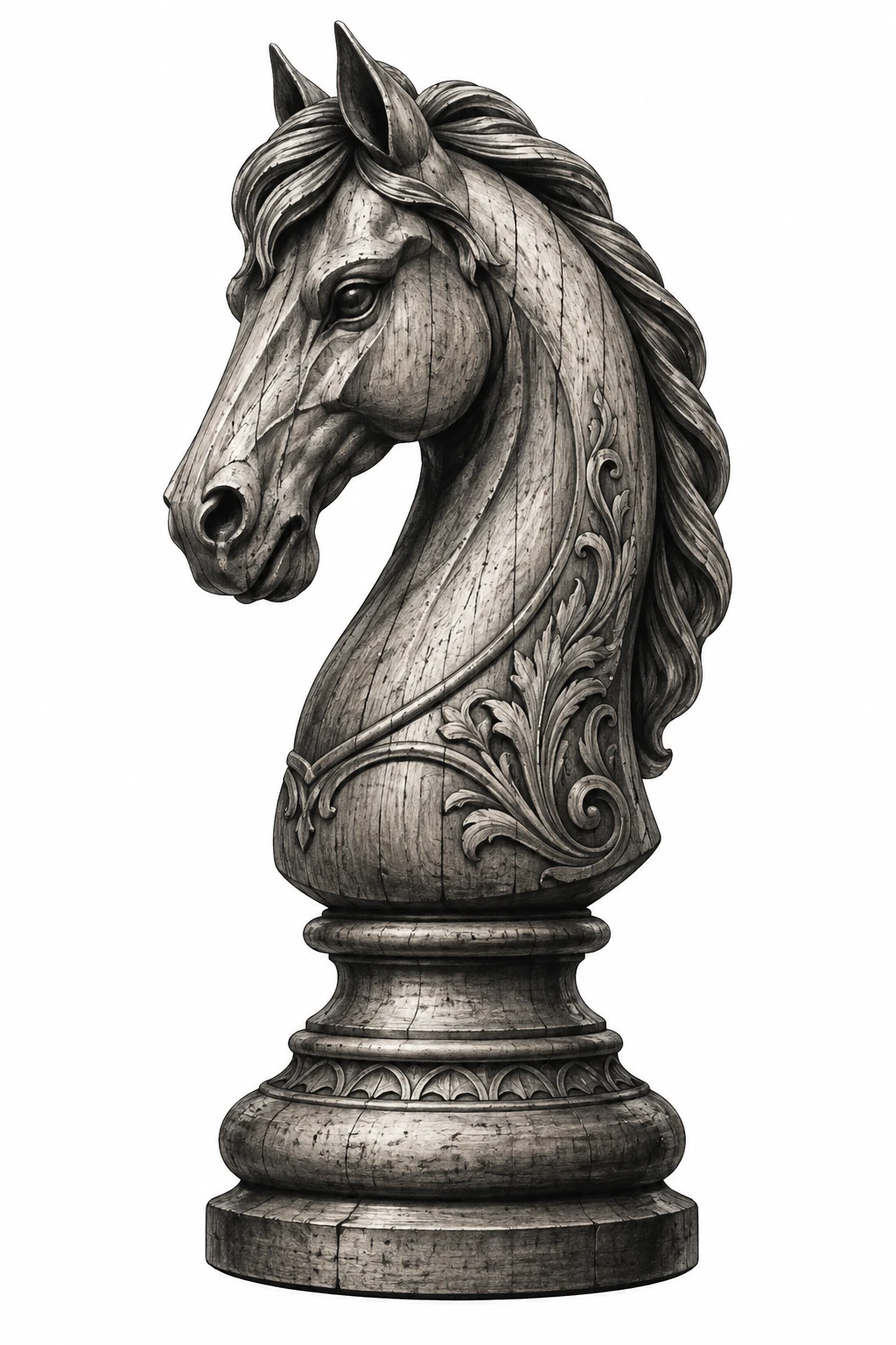 Desenho de tatuagem de Cavalo de xadrez em madeira entalhada(1), modelo NR-0486, em preto e cinza.