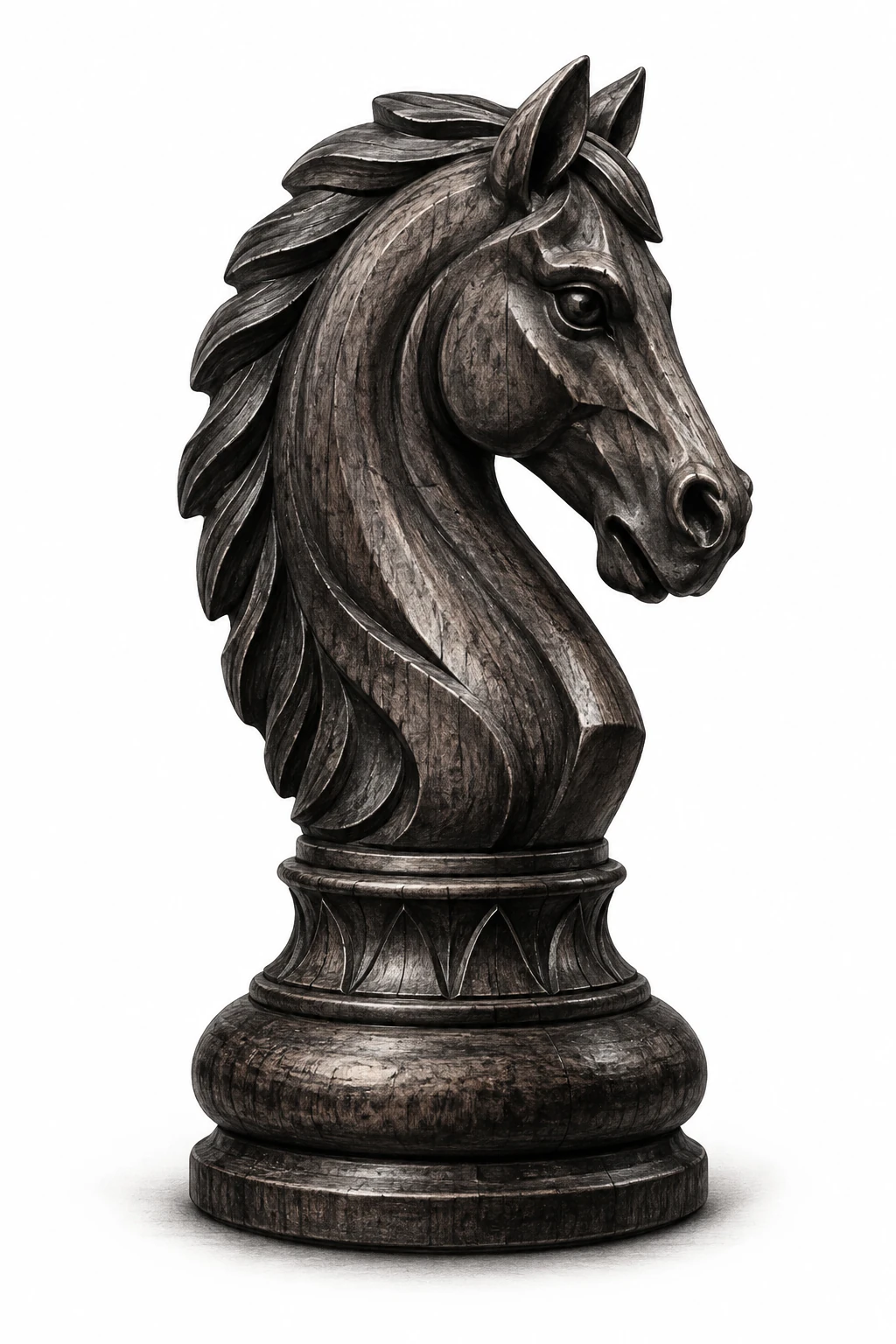 Desenho de tatuagem de Cavalo de xadrez em madeira entalhada(2), modelo NR-0487, em preto e cinza.