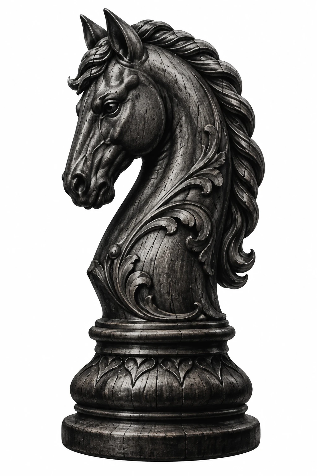 Desenho de tatuagem de Cavalo de xadrez em madeira escura, modelo NR-0488, em preto e cinza.