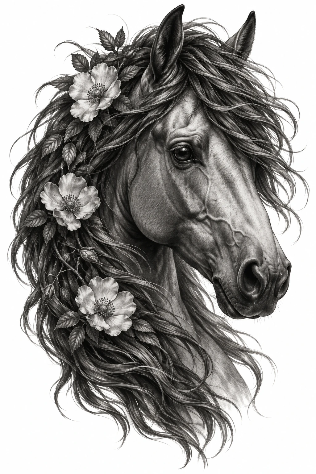 Desenho de tatuagem de Cavalo majestoso com rosas na crina, modelo NR-0489, em preto e cinza.