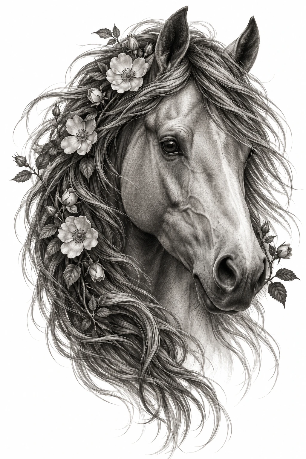 Desenho de tatuagem de Cavalo majestoso com rosas silvestres, modelo NR-0490, em preto e cinza.