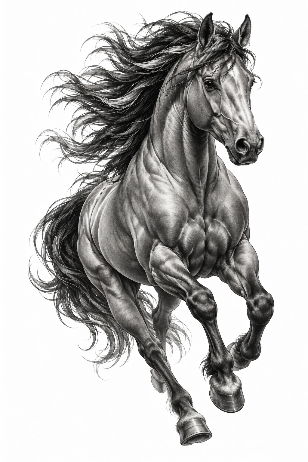 Desenho de tatuagem de Cavalo musculoso em galope, modelo NR-0491, em preto e cinza.