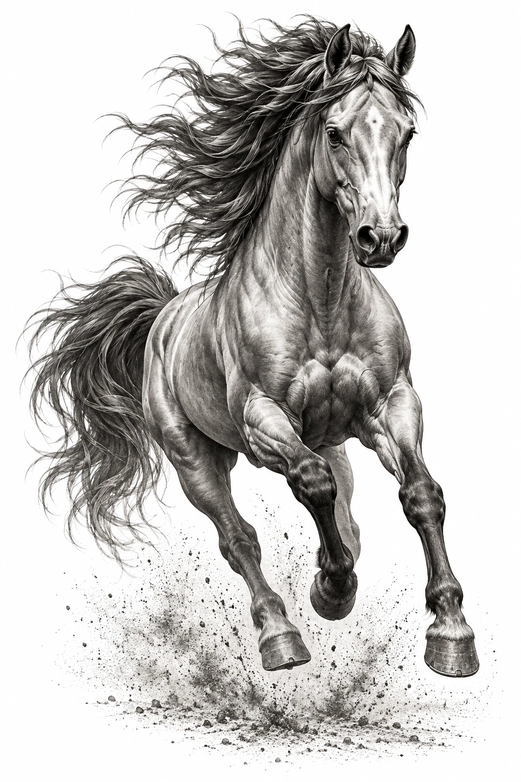 Desenho de tatuagem de Cavalo poderoso em pleno galope, modelo NR-0492, em preto e cinza.