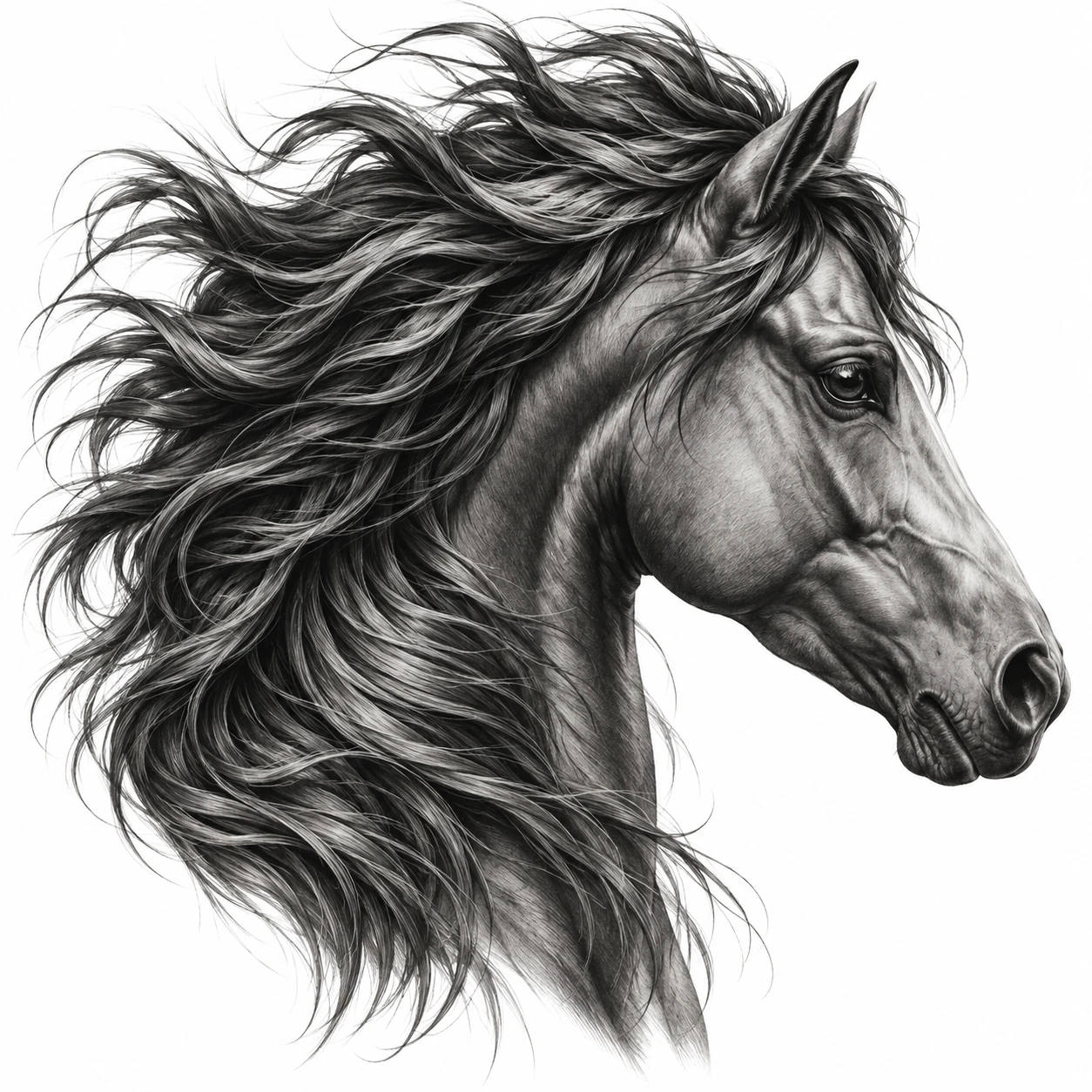 Desenho de tatuagem de Cavalo selvagem com crina ao vento, modelo NR-0493, em preto e cinza.