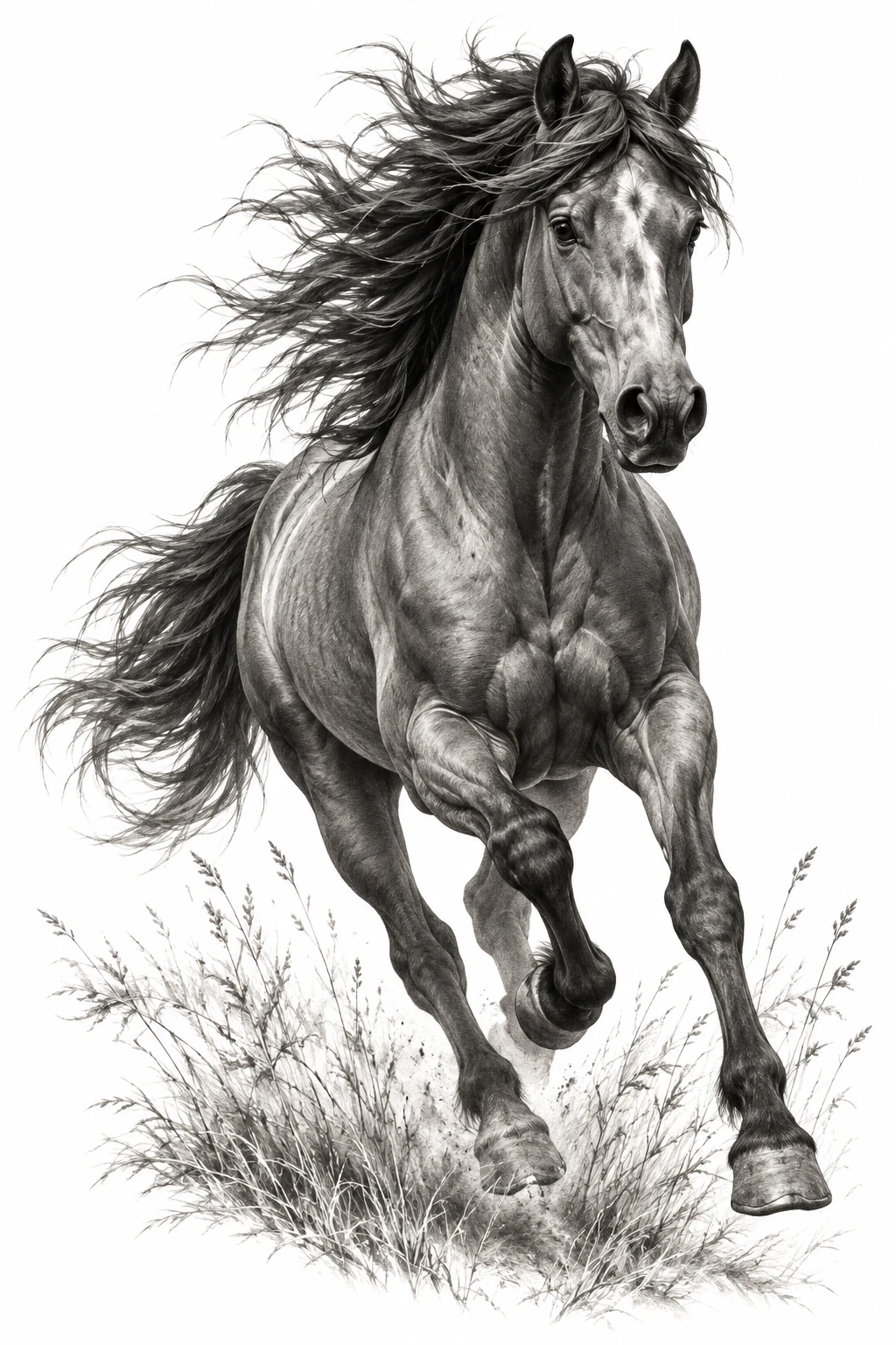 Desenho de tatuagem de Cavalo selvagem em galope, modelo NR-0494, em preto e cinza.