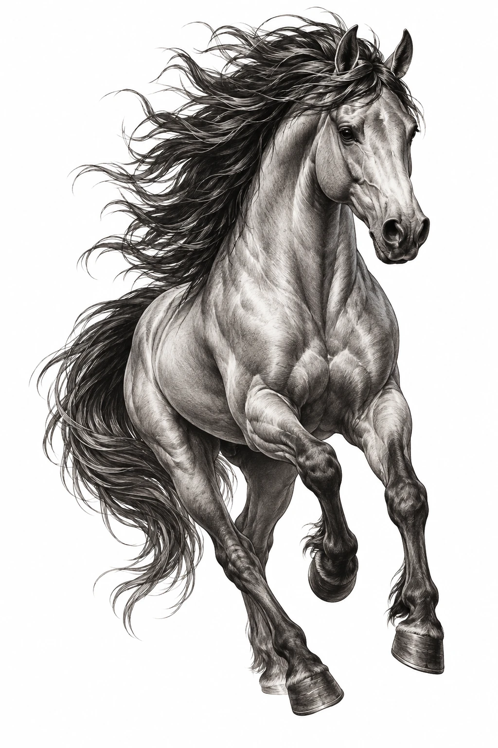Desenho de tatuagem de Cavalo selvagem em movimento, modelo NR-0495, em preto e cinza.