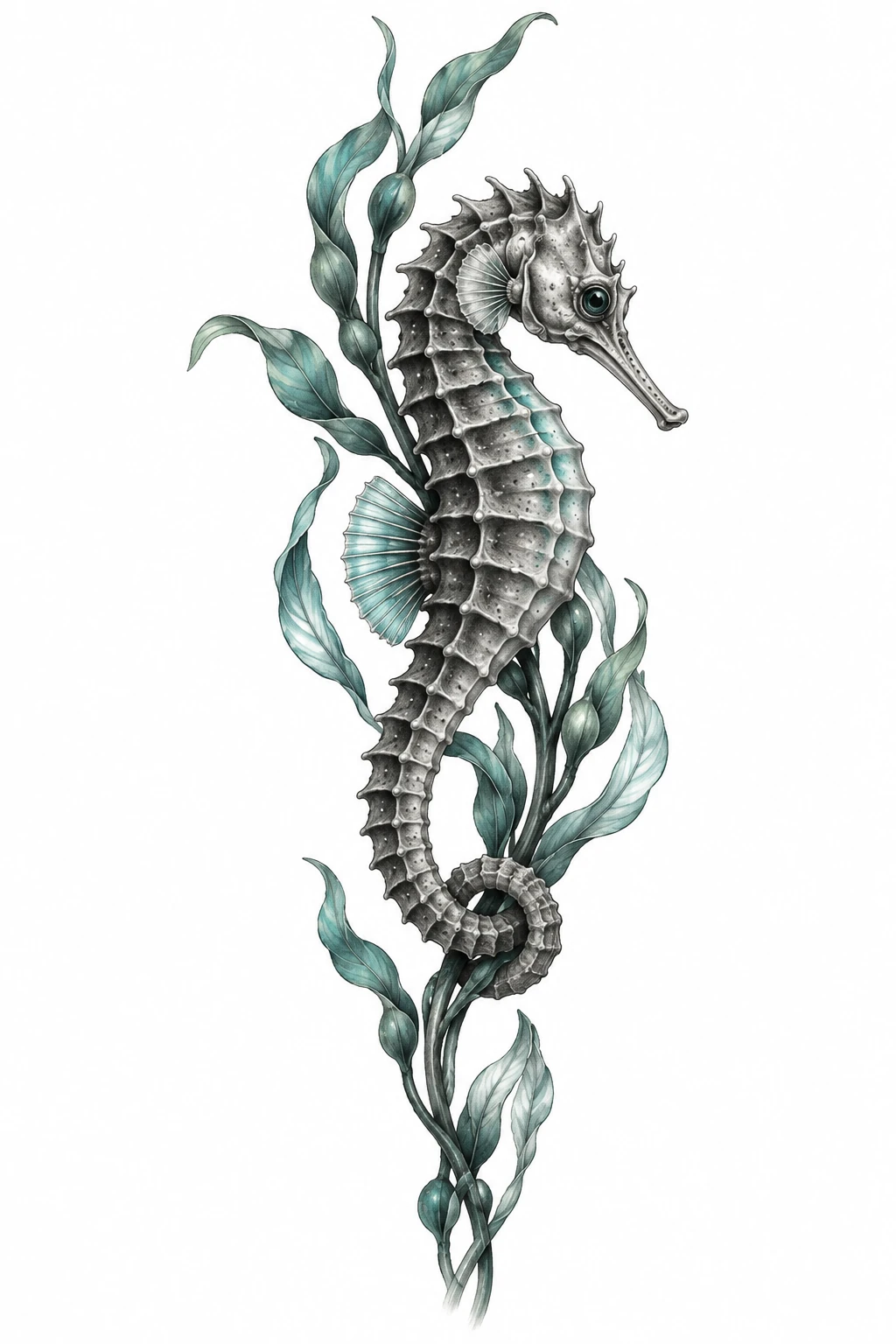 Desenho de tatuagem de Cavalo-marinho enrolado na alga, modelo NR-0496, em preto e cinza.