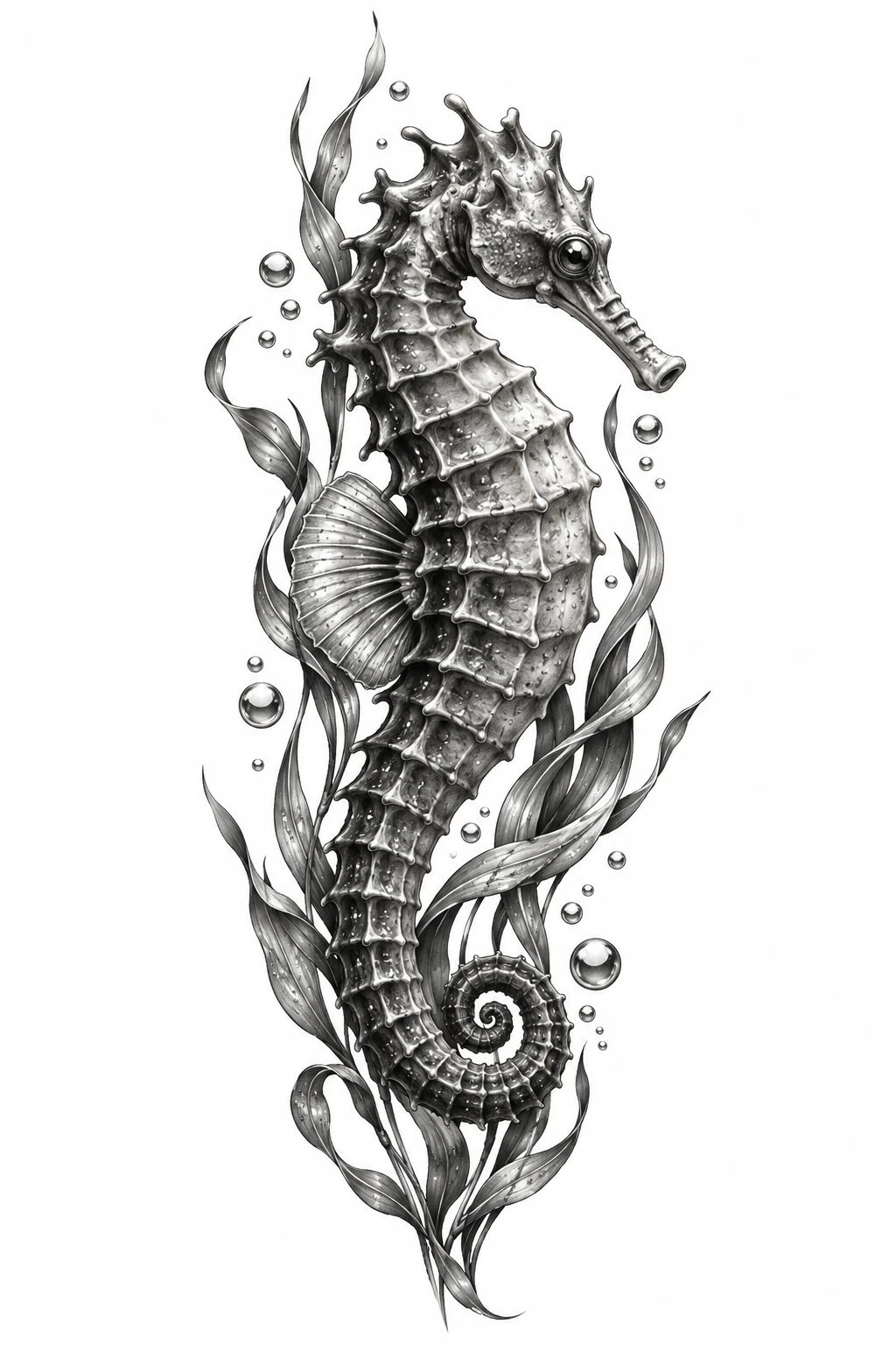 Desenho de tatuagem de Cavalo-marinho entre algas e bolhas(1), modelo NR-0497, em preto e cinza.