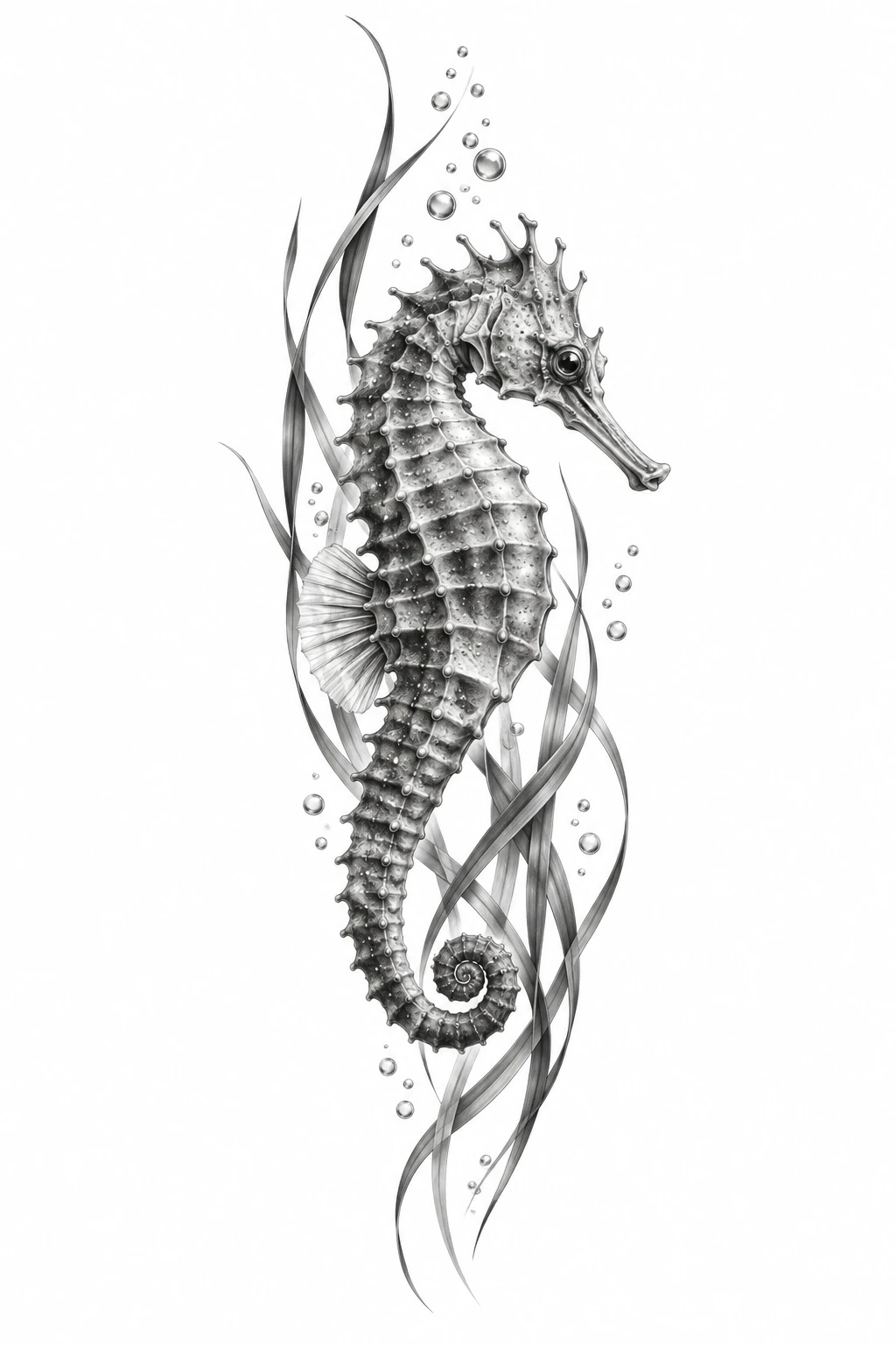 Desenho de tatuagem de Cavalo-marinho entre algas e bolhas, modelo NR-0498, em preto e cinza.