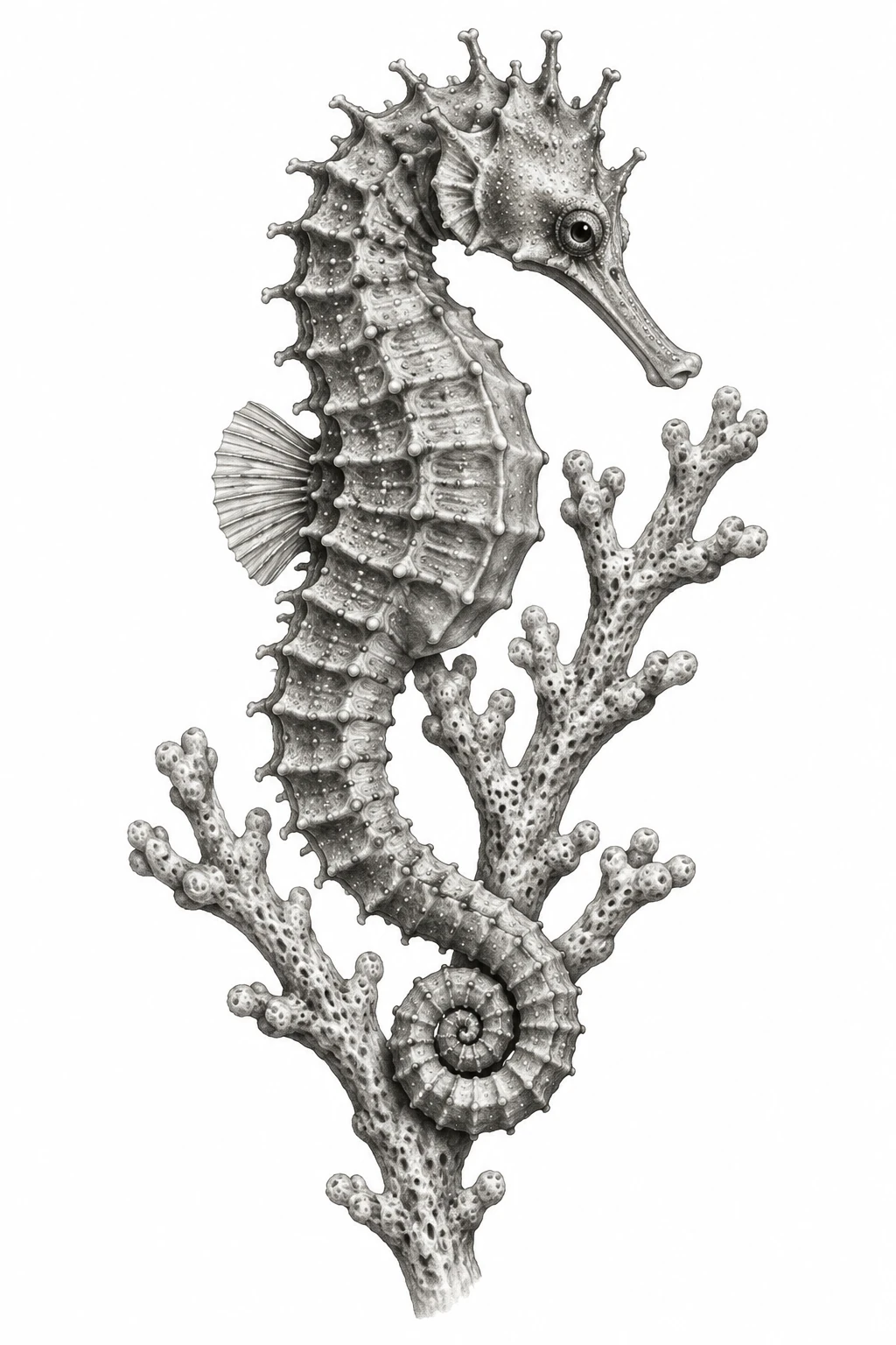 Desenho de tatuagem de Cavalo-marinho entre ramos de coral, modelo NR-0499, em preto e cinza.