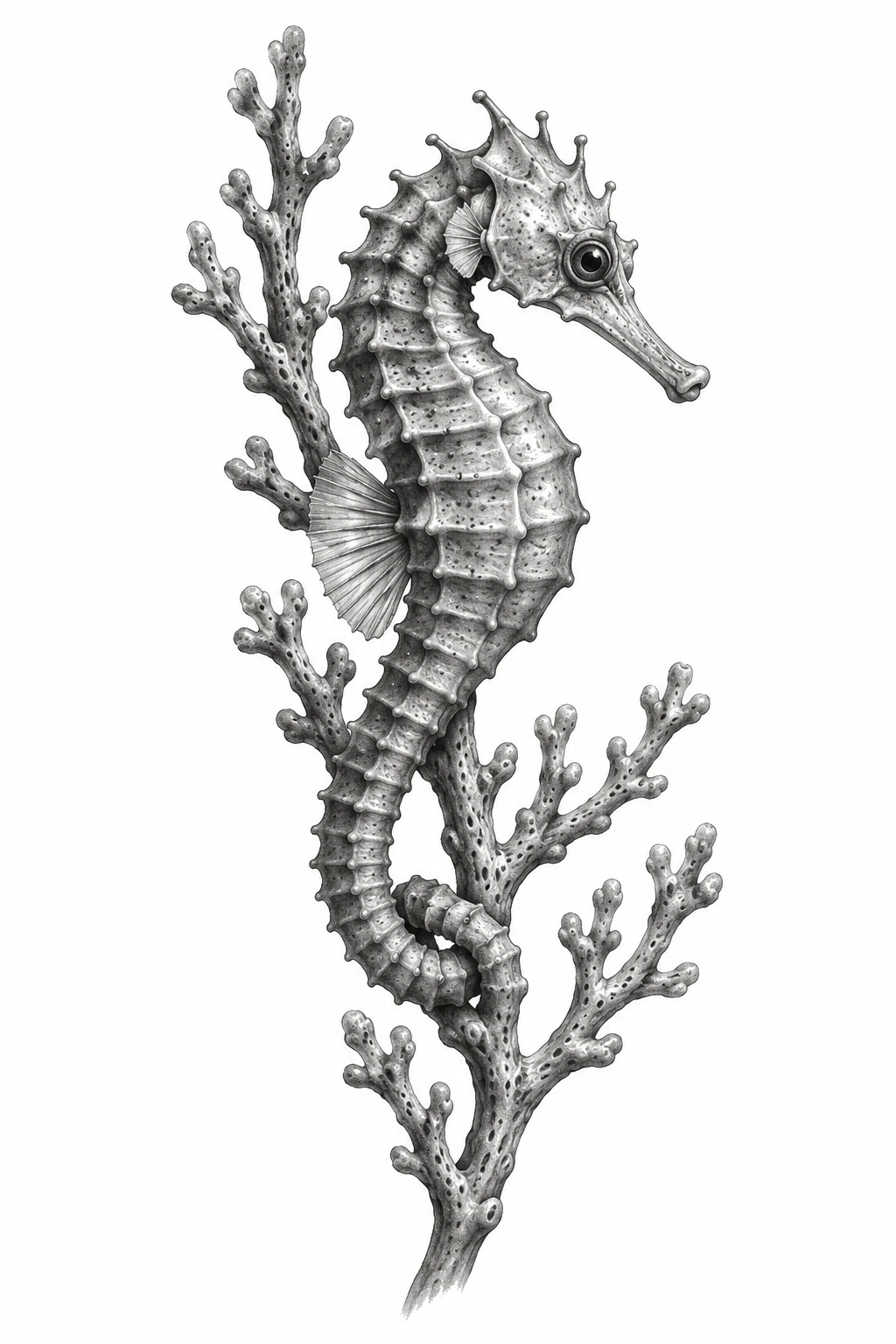 Desenho de tatuagem de Cavalo-marinho realista enrolado em coral, modelo NR-0500, em preto e cinza.