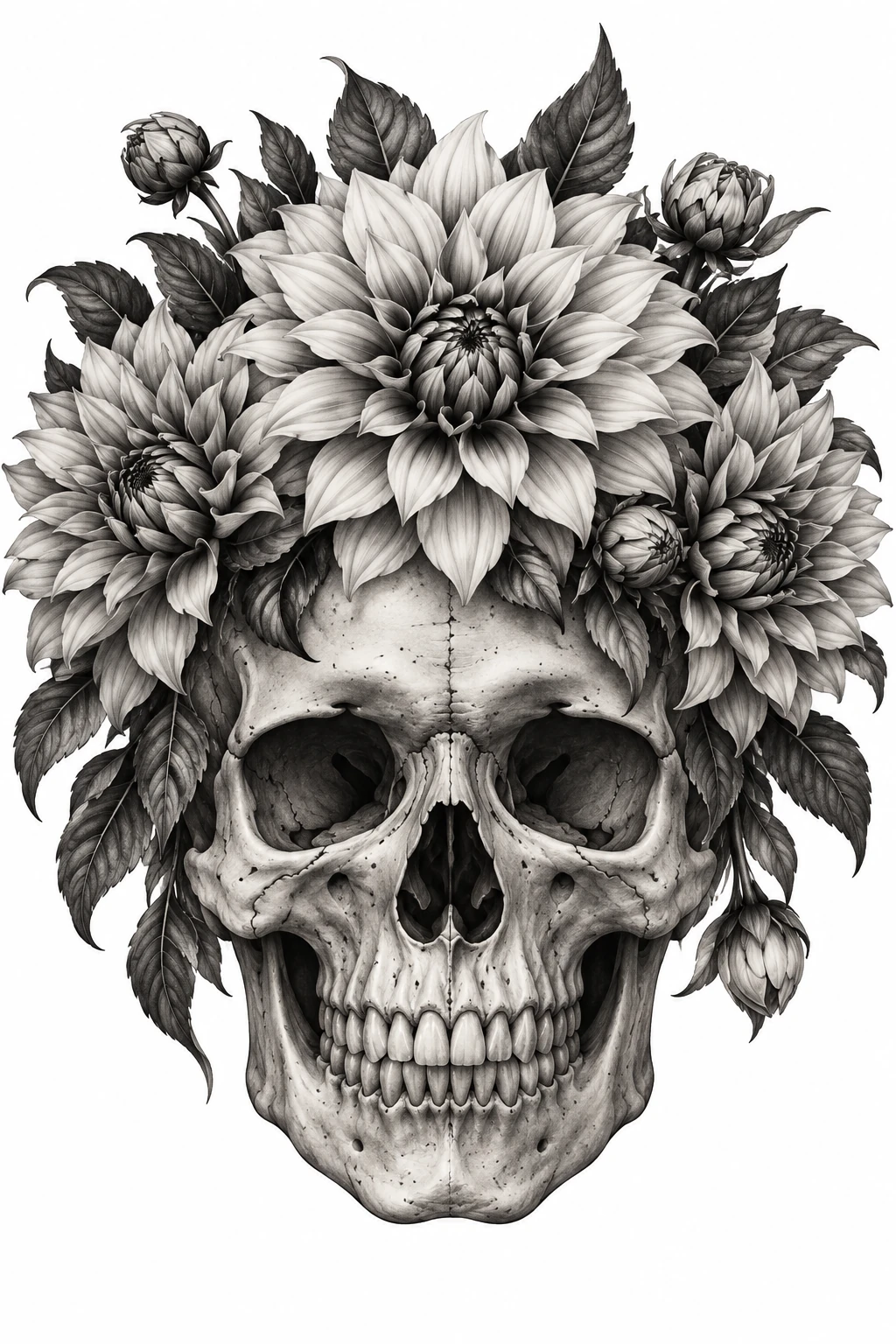 Desenho de tatuagem de Caveira coroada com dálias e folhas, modelo NR-0501, em preto e cinza.