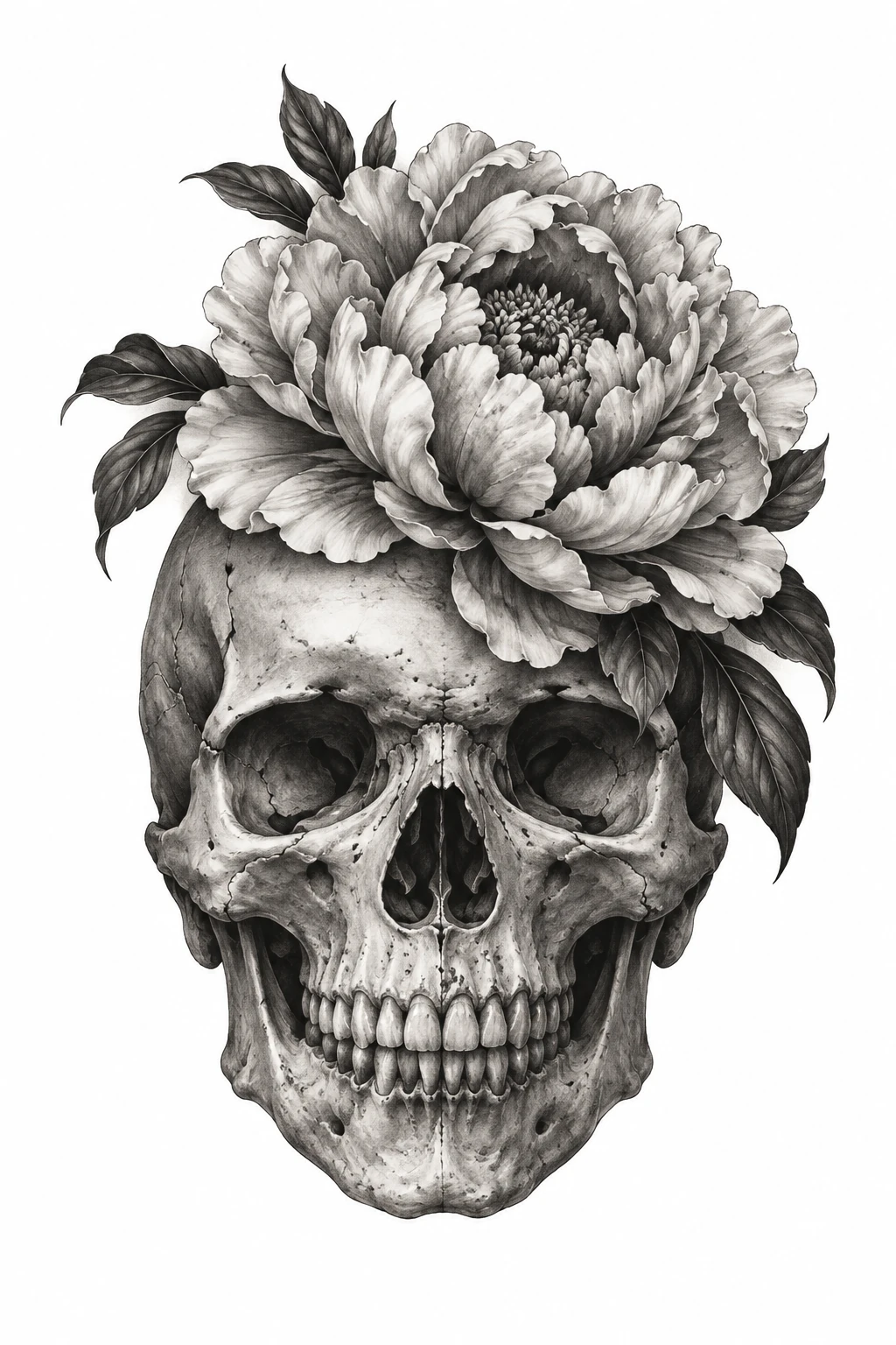 Desenho de tatuagem de Caveira coroada por peônia e folhas, modelo NR-0502, em preto e cinza.