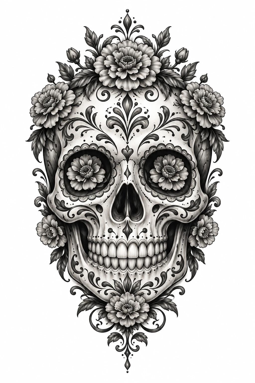 Desenho de tatuagem de Caveira de açúcar com calêndulas e filigrana, modelo NR-0503, em preto e cinza.